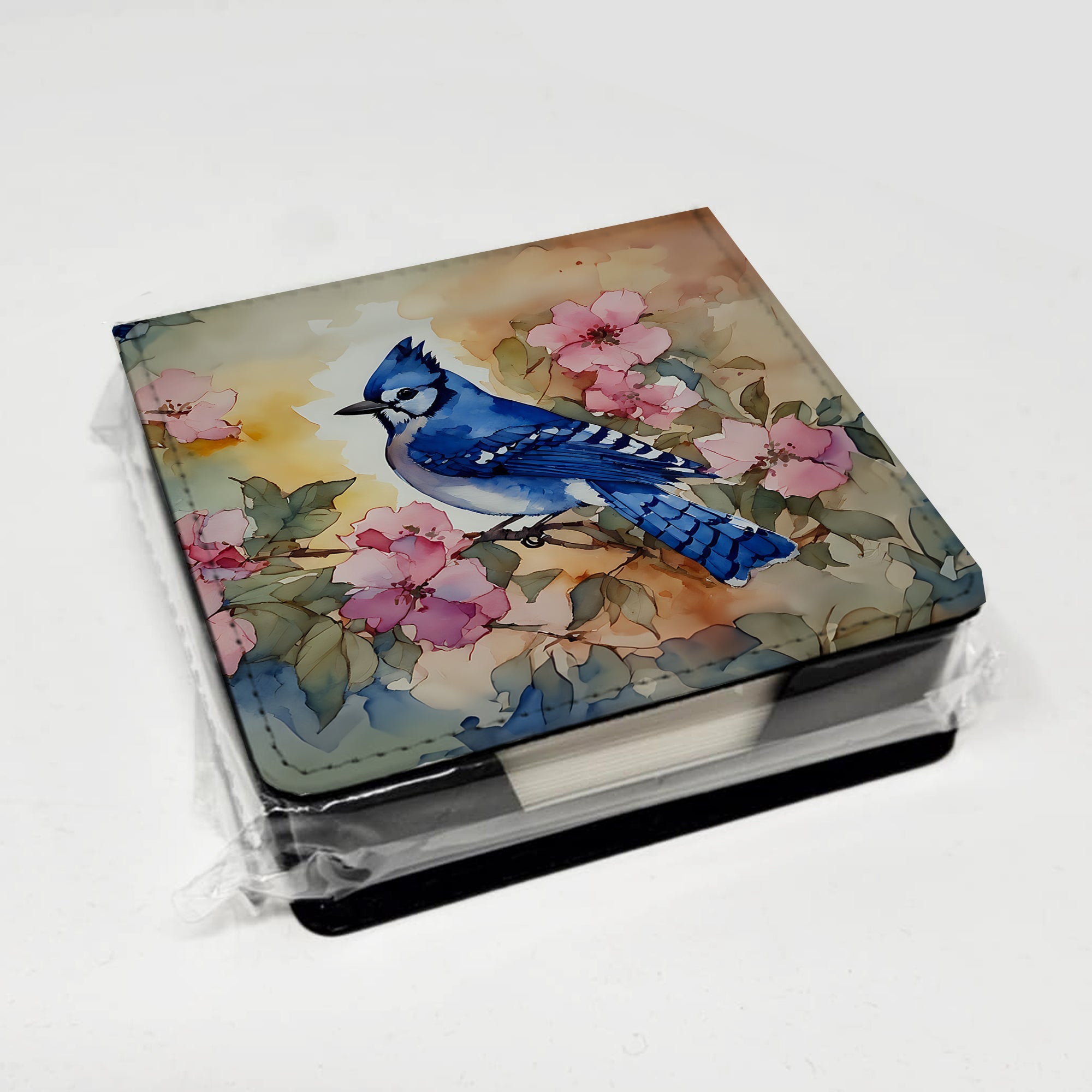 Blue Jay in Floral PU Leather Note Paper Holder with Artist-Designed Cover, Desk Accessory, Office Gift