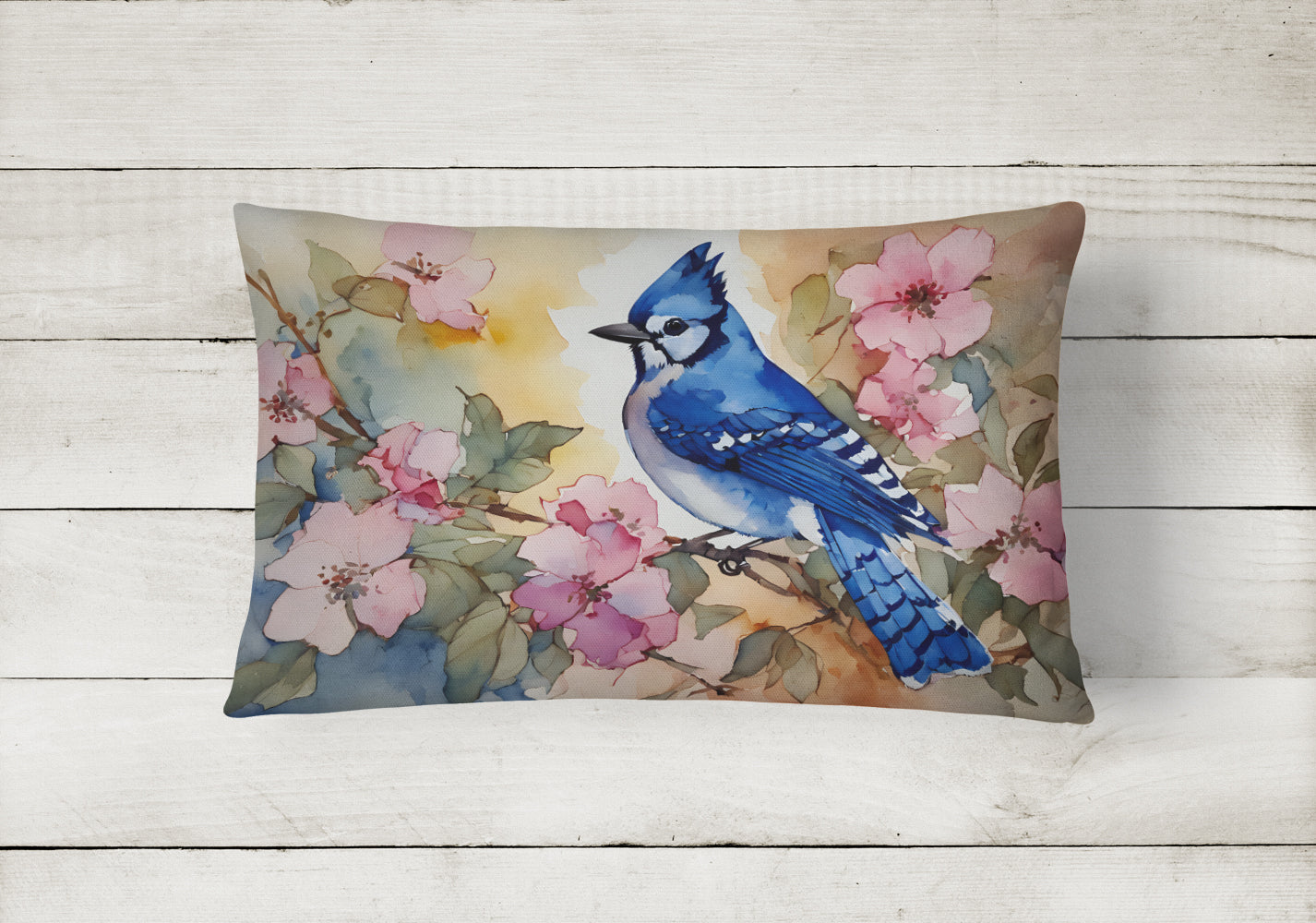 Blue Jay in Floral Decorative Throw Pillow 12x16 Indoor Outdoor Accent Cushion, Fabric Cover with Insert for Sofa, Bed, Porch & Living Room