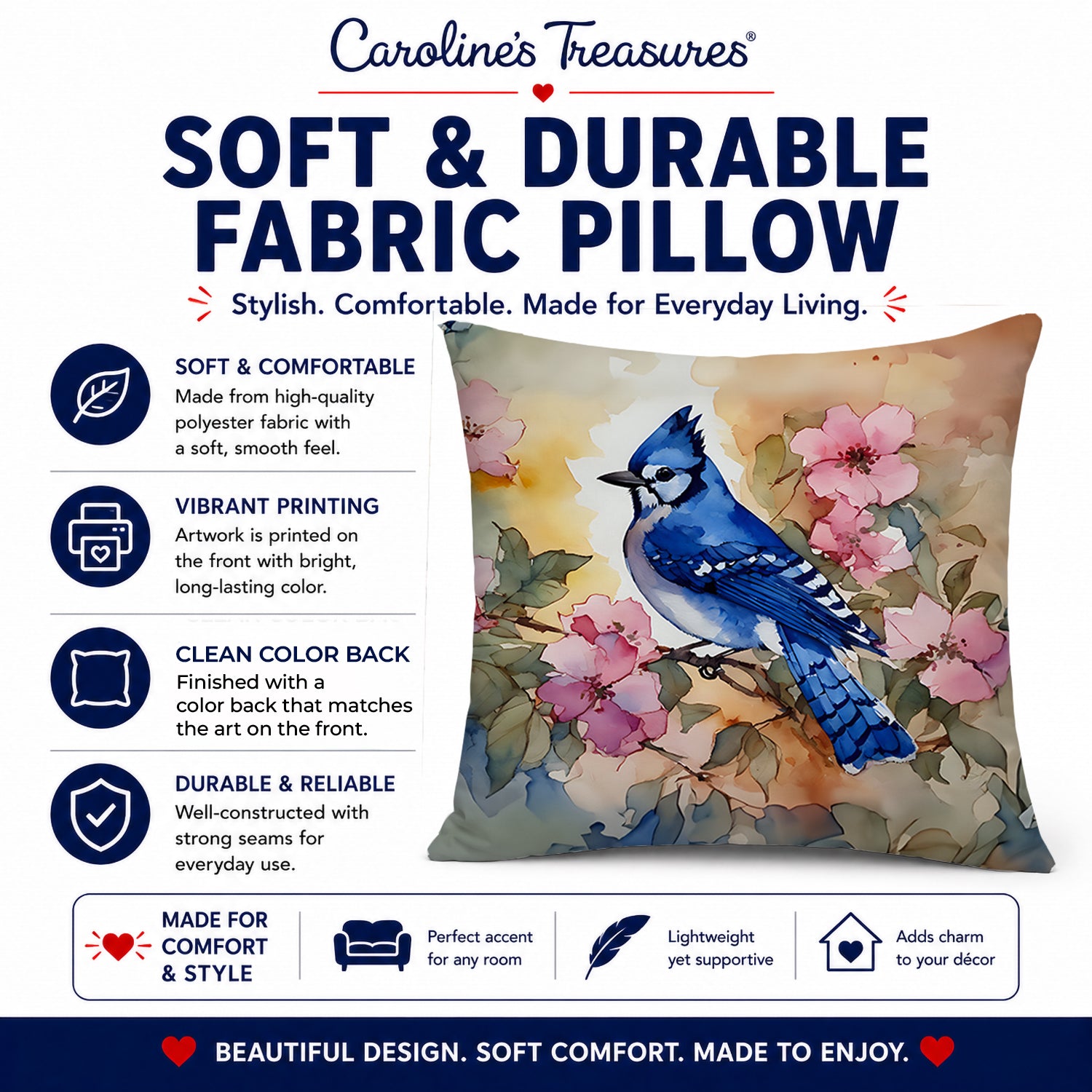Blue Jay in Floral Decorative Throw Pillow 14x14 Indoor Outdoor Accent Cushion, Fabric Cover with Insert for Sofa, Bed, Porch & Living Room