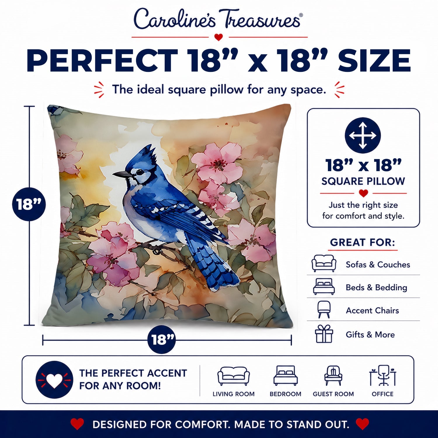 Blue Jay in Floral Decorative Throw Pillow 18x18 Indoor Outdoor Accent Cushion, Fabric Cover with Insert for Sofa, Bed, Porch & Living Room