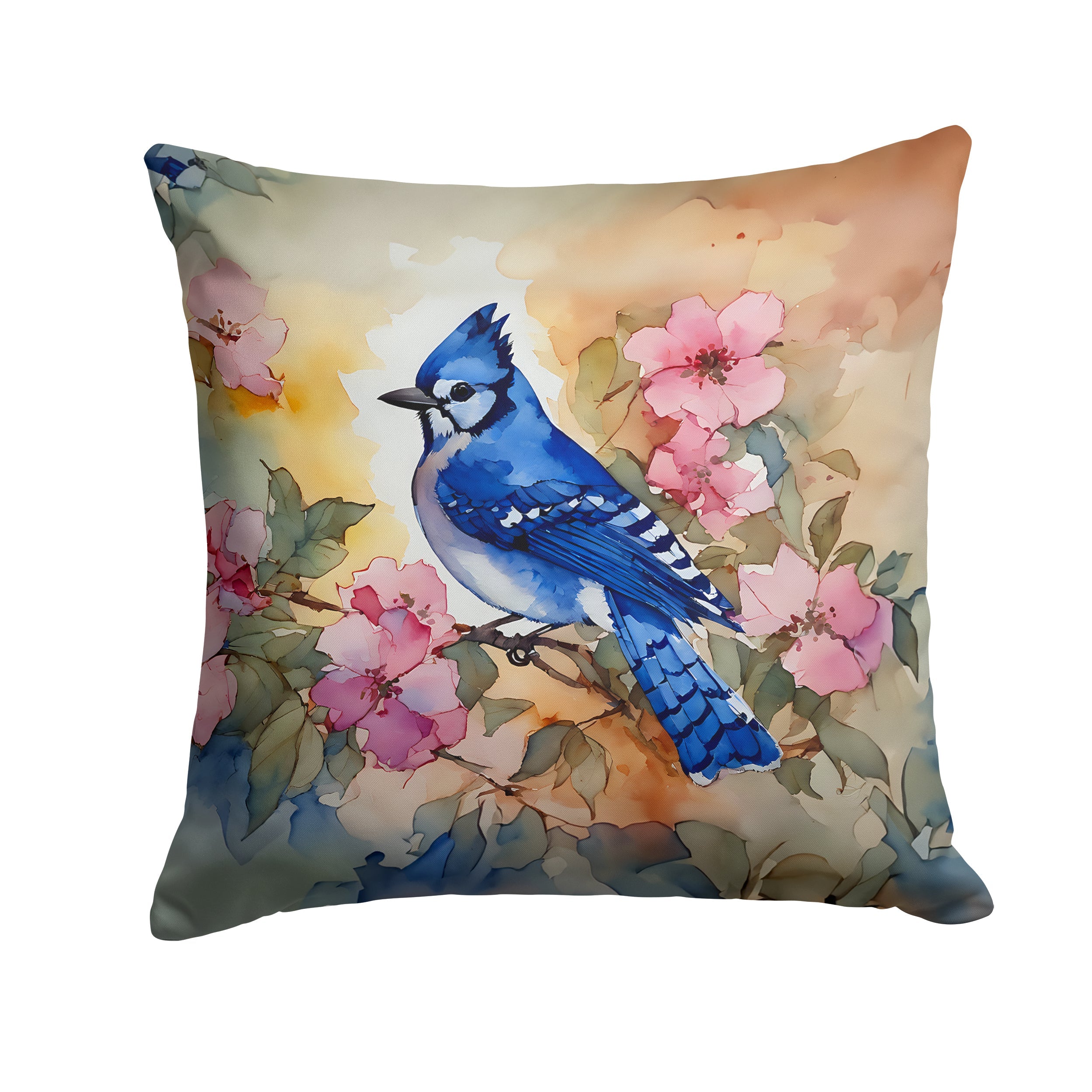 Blue Jay in Floral Decorative Throw Pillow 18x18 Indoor Outdoor Accent Cushion, Fabric Cover with Insert for Sofa, Bed, Porch & Living Room