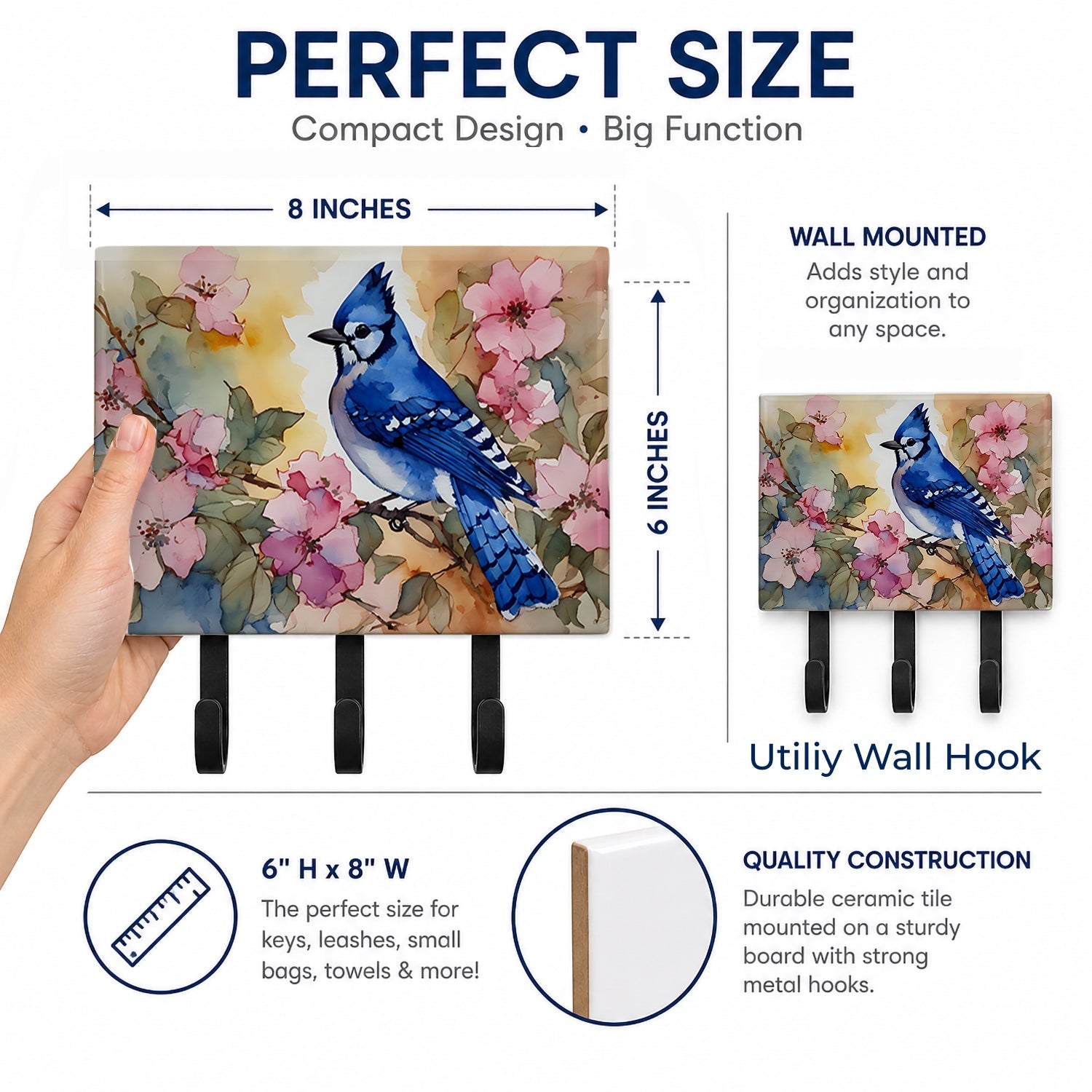 Blue Jay in Floral Leash or Key Holder Wall Hooks, Coat Rack Wall Mount, for Hanging Keys, Towels, Aprons, Leashes