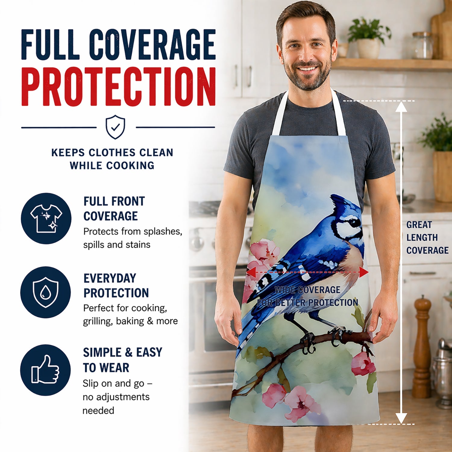 Blue Jay on Blossom Branch Apron Cooking Kitchen Server Baking Crafts Gardening for Adult Women Men, Unisex, Large, Multicolor