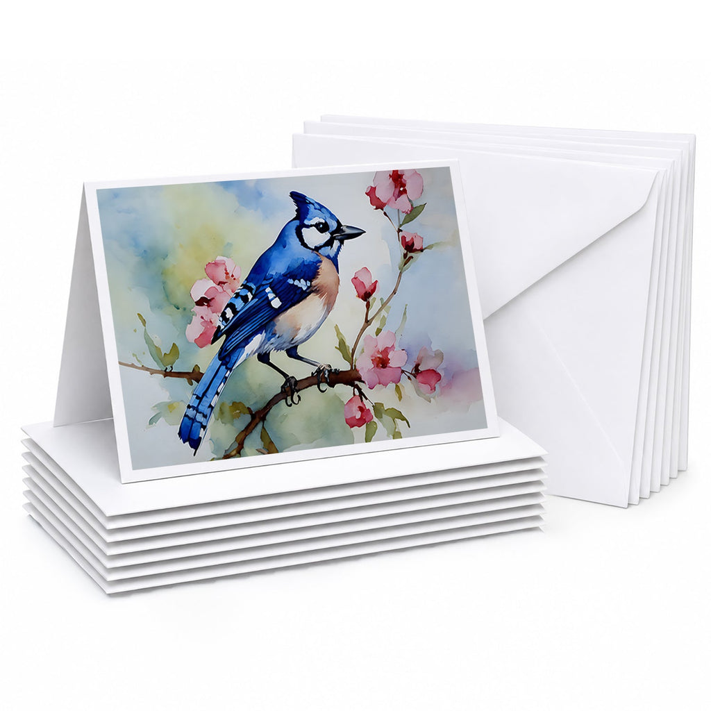 Blue Jay on Blossom Branch Greeting Cards Pack of 8 Blank Cards with Envelopes Whimsical A7 Size 5x7