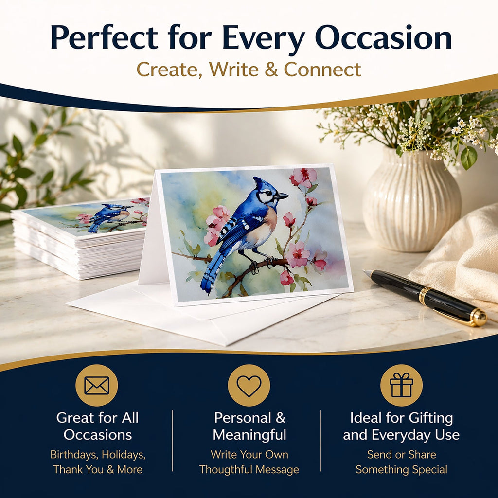 Blue Jay on Blossom Branch Greeting Cards Pack of 8 Blank Cards with Envelopes Whimsical A7 Size 5x7