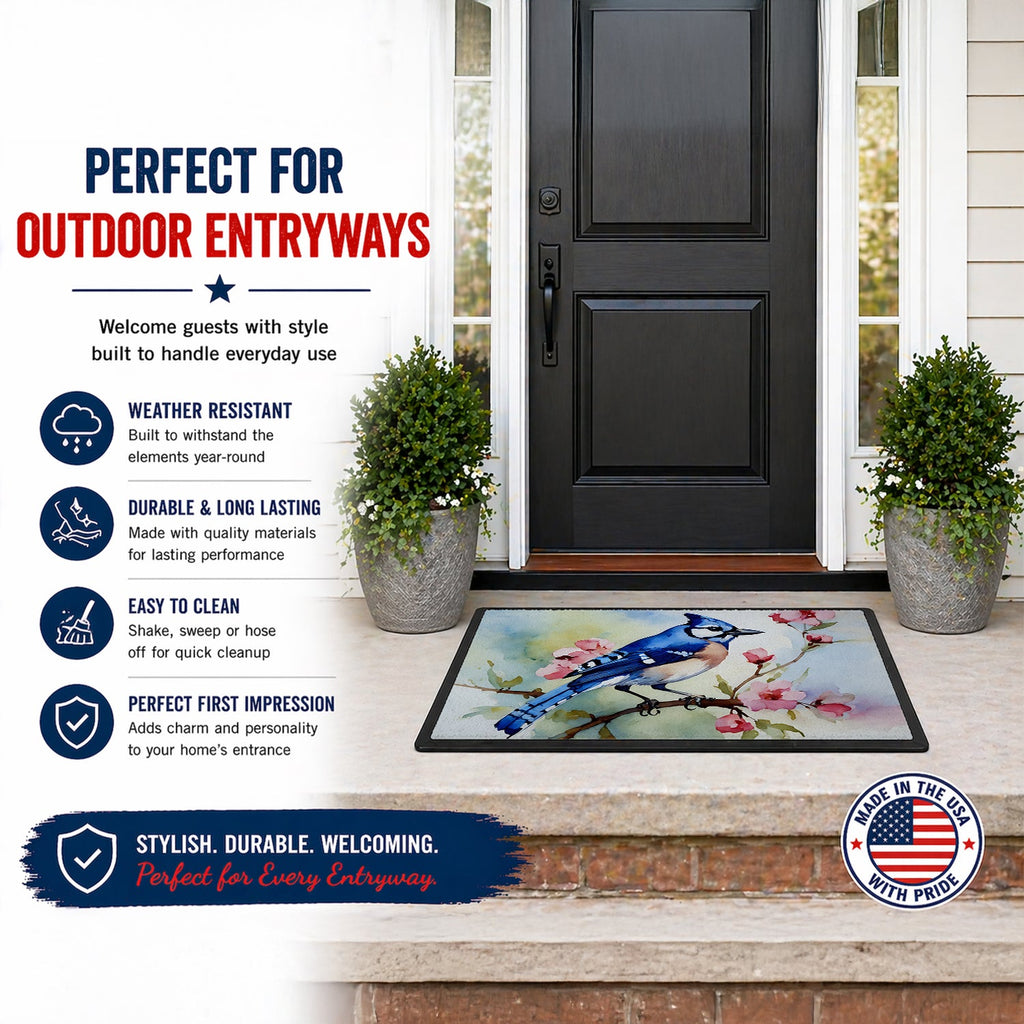 Blue Jay on Blossom Branch Doormat Indoor Outdoor 18H X 27W Front Door Mat Rugs for Entryway, Non Slip Washable