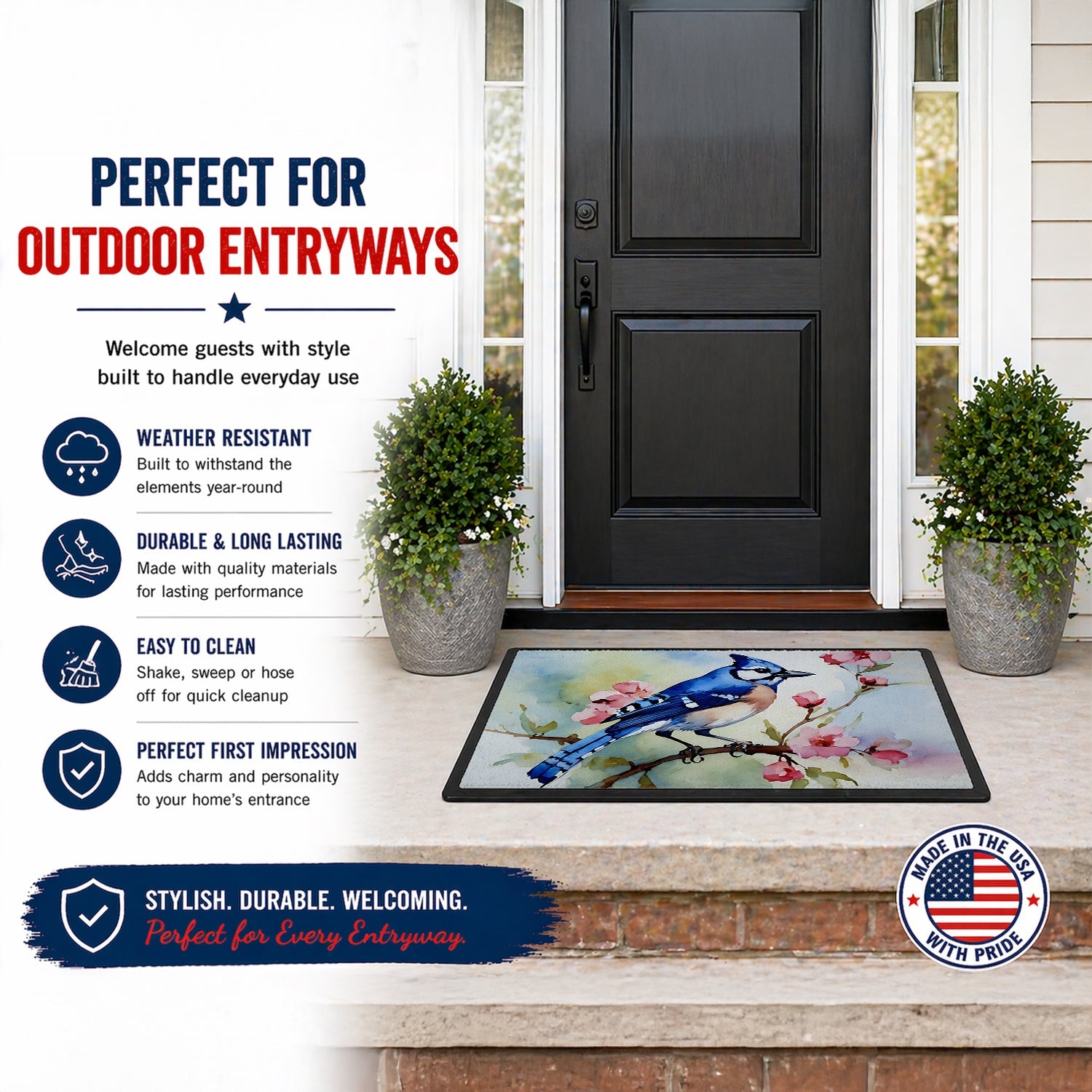 Blue Jay on Blossom Branch Doormat Indoor Outdoor 18H X 27W Front Door Mat Rugs for Entryway, Non Slip Washable