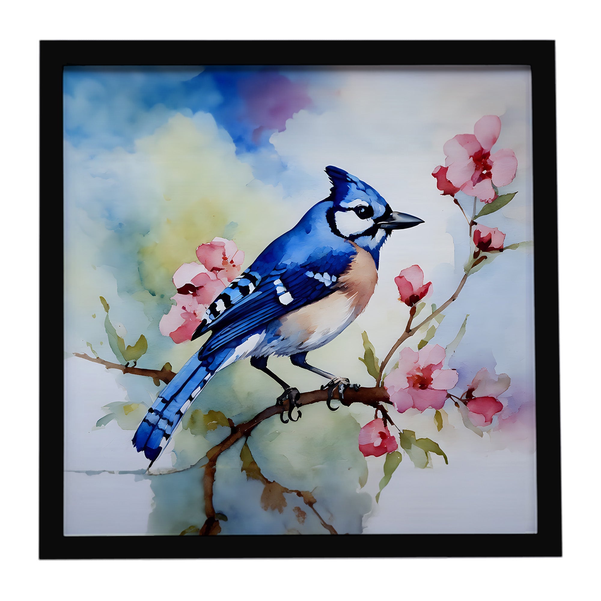 Blue Jay on Blossom Branch Framed Metal Print Bathroom, Kitchen, Office, Home Decor Wall Art Ready to Hang, Square, 8X8