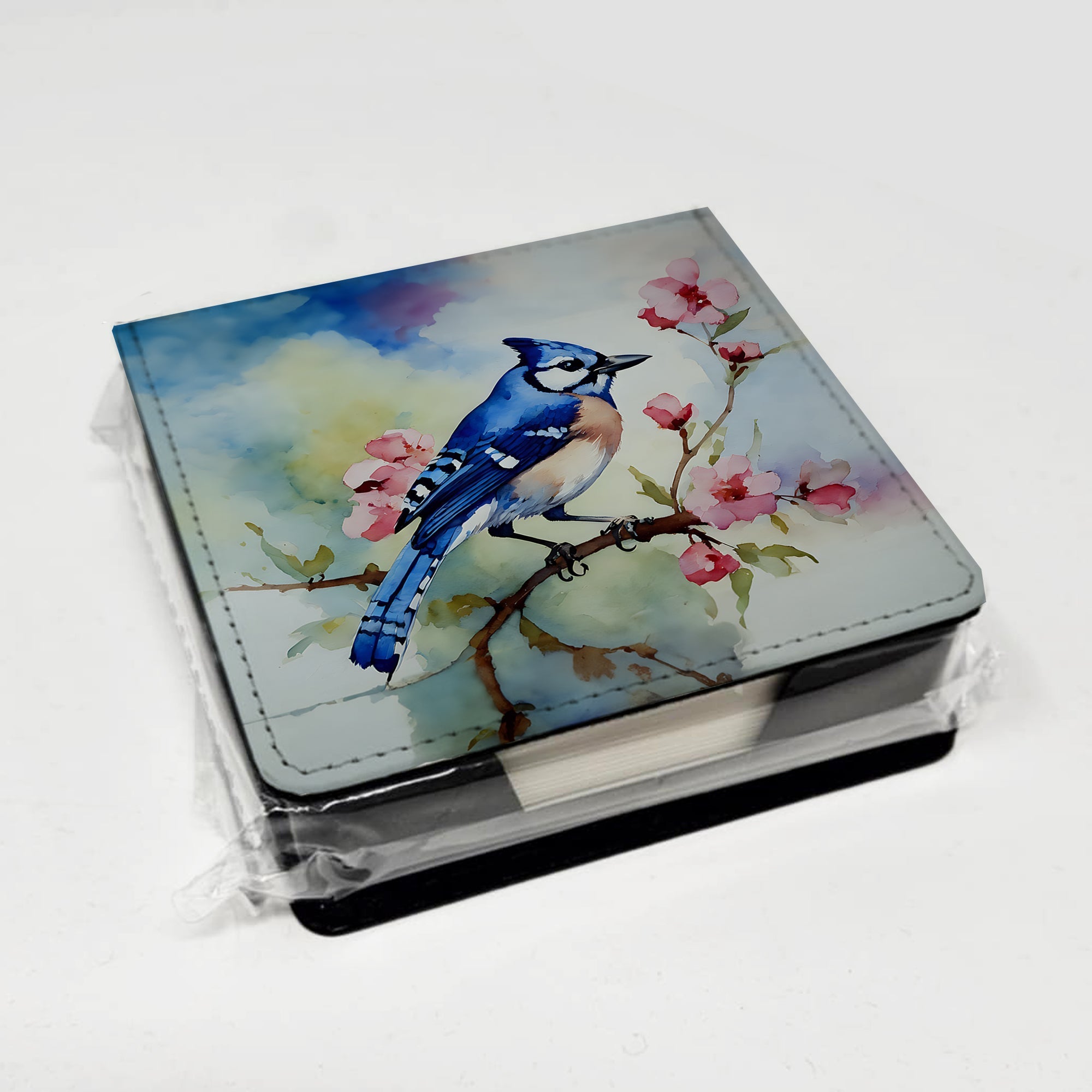 Blue Jay on Blossom Branch PU Leather Note Paper Holder with Artist-Designed Cover, Desk Accessory, Office Gift