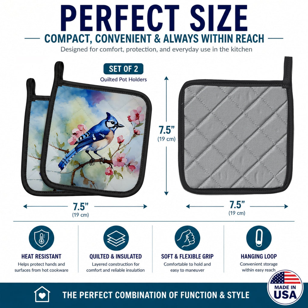 Blue Jay on Blossom Branch Pot Holder Set of 2 Heat Resistant Quilted Hot Pads 7.5 x 7.5 Inch, Insulated Kitchen Trivets for Cooking & Baking