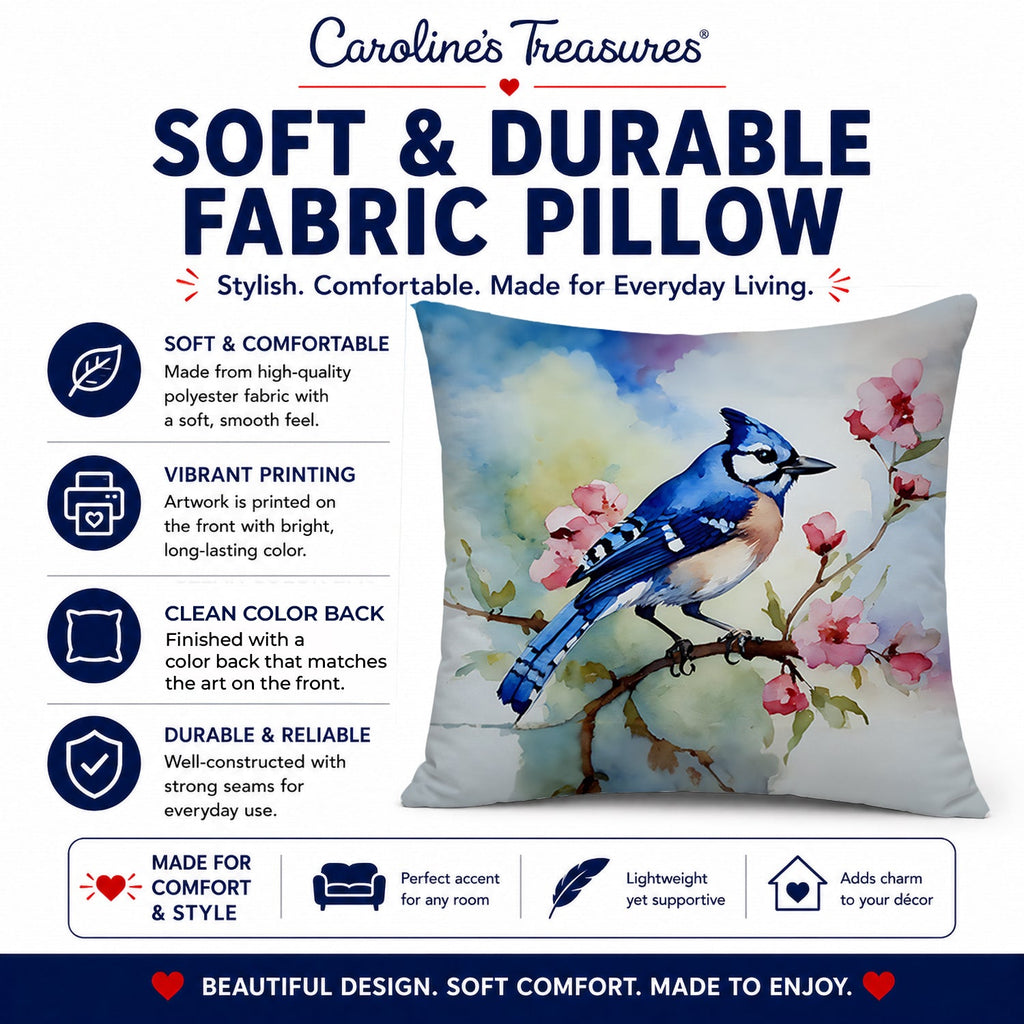 Blue Jay on Blossom Branch Decorative Throw Pillow 14x14 Indoor Outdoor Accent Cushion, Fabric Cover with Insert for Sofa, Bed, Porch & Living Room