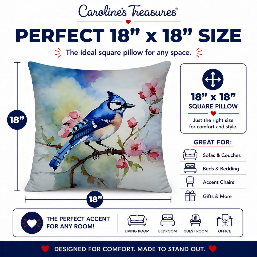 Blue Jay on Blossom Branch Decorative Throw Pillow 18x18 Indoor Outdoor Accent Cushion, Fabric Cover with Insert for Sofa, Bed, Porch & Living Room