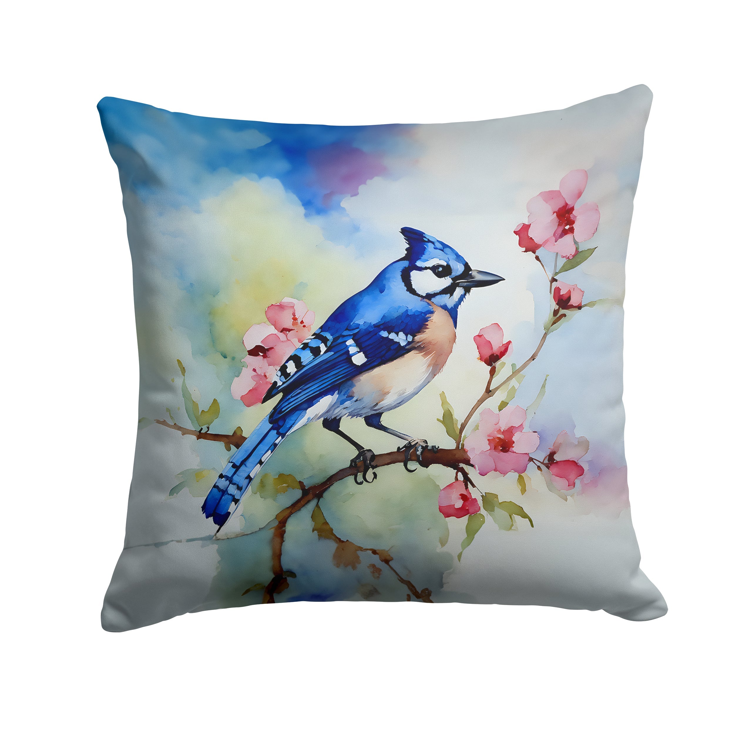 Blue Jay on Blossom Branch Decorative Throw Pillow 18x18 Indoor Outdoor Accent Cushion, Fabric Cover with Insert for Sofa, Bed, Porch & Living Room