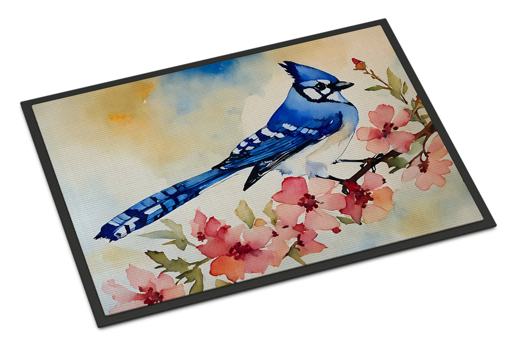Blue Jay Spring Garden Scene Doormat Indoor Outdoor 24H X 36W Front Door Mat Rugs for Entryway, Non Slip Washable Low Pile,