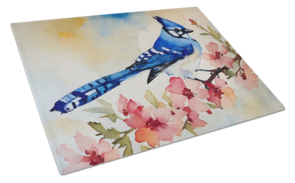 Blue Jay Spring Garden Scene Cutting Board Tempered Glass Kitchen Cutting Surface, Heat Resistant Chopping, Non-Slip Feet, Food Prep & Serving