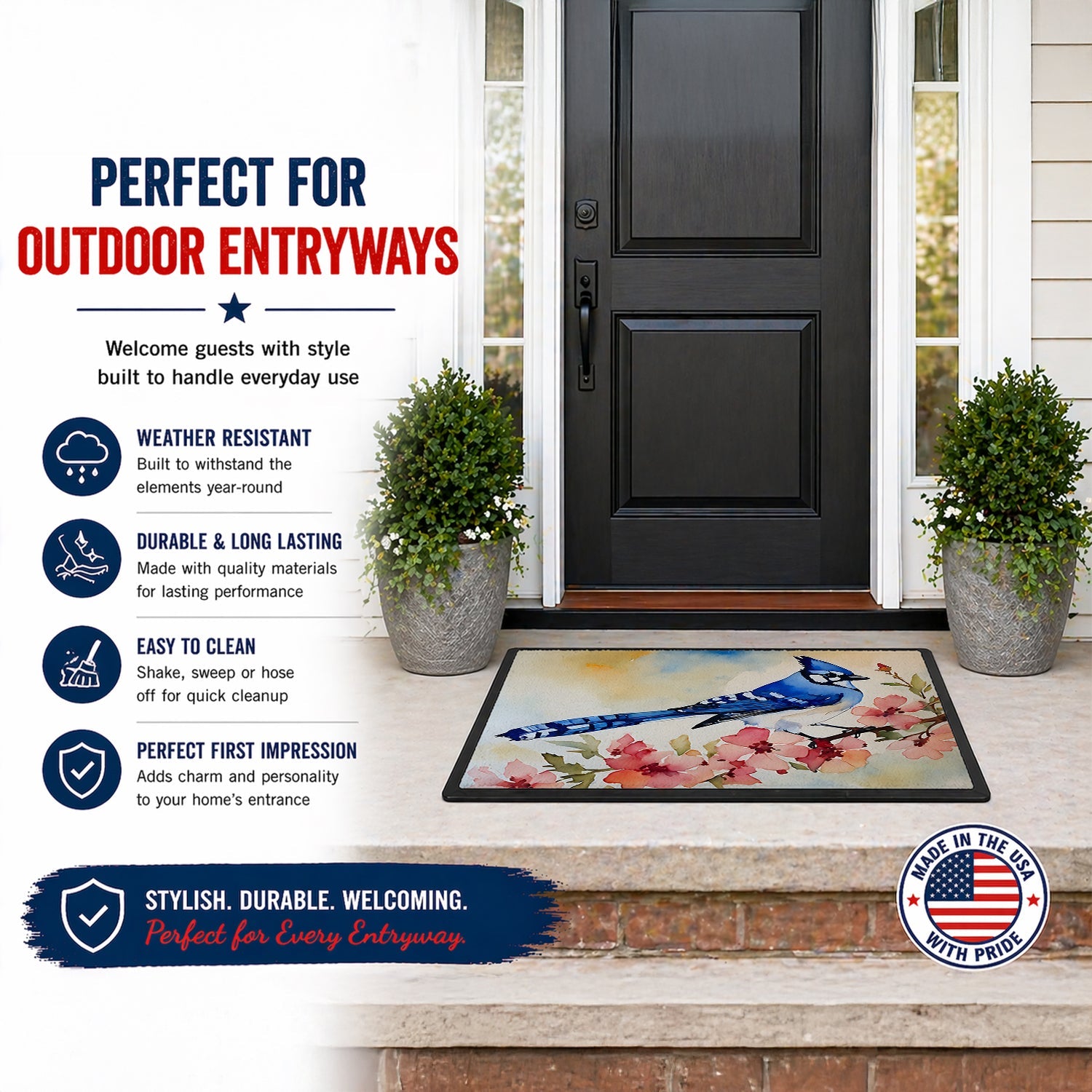 Blue Jay Spring Garden Scene Doormat Indoor Outdoor 18H X 27W Front Door Mat Rugs for Entryway, Non Slip Washable