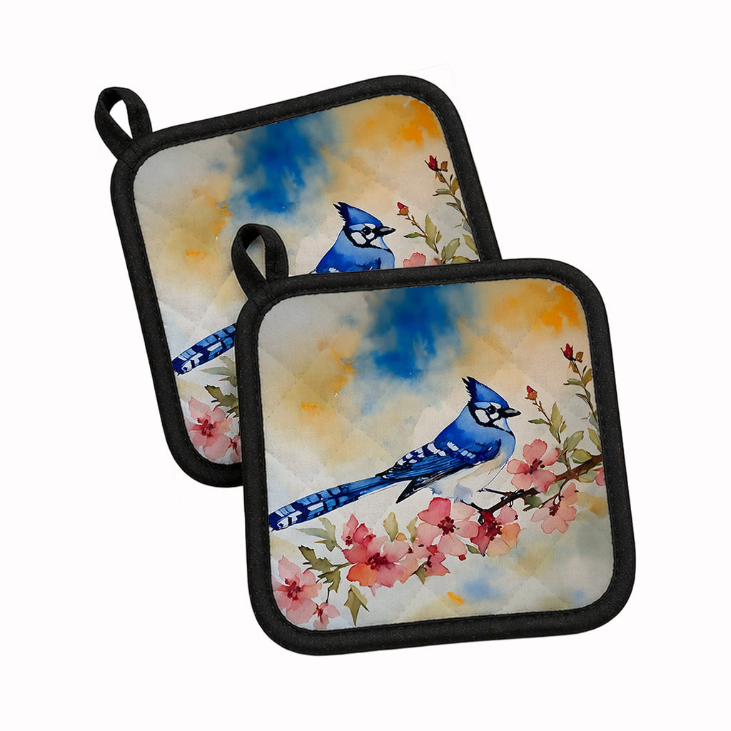 Blue Jay Spring Garden Scene Pot Holder Set of 2 Heat Resistant Quilted Hot Pads 7.5 x 7.5 Inch, Insulated Kitchen Trivets for Cooking & Baking