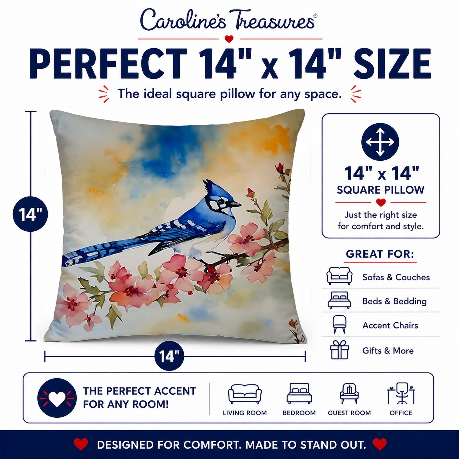 Blue Jay Spring Garden Scene Decorative Throw Pillow 14x14 Indoor Outdoor Accent Cushion, Fabric Cover with Insert for Sofa, Bed, Porch & Living Room