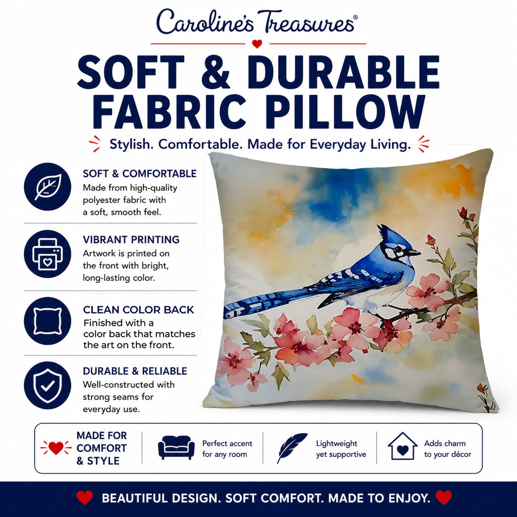 Blue Jay Spring Garden Scene Decorative Throw Pillow 18x18 Indoor Outdoor Accent Cushion, Fabric Cover with Insert for Sofa, Bed, Porch & Living Room
