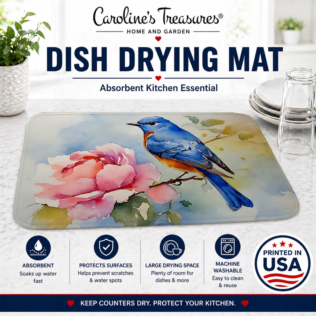 Bluebird with Flower Bloom Dish Drying Mat Absorbent Dish Drying Mat Pad for Kitchen Counter Dish Drainer Mat for Countertop, 14 x 21", Multicolor