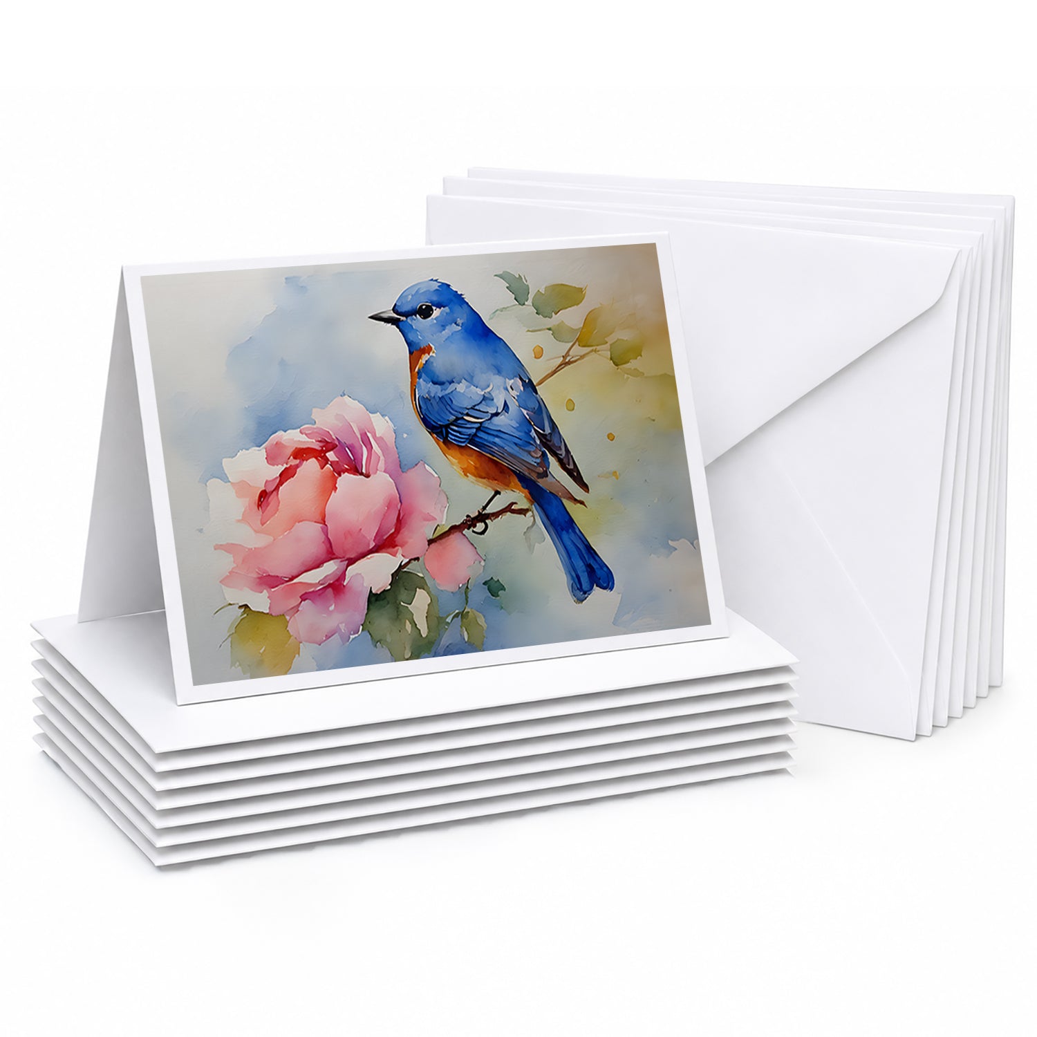 Bluebird with Flower Bloom Greeting Cards Pack of 8 Blank Cards with Envelopes Whimsical A7 Size 5x7
