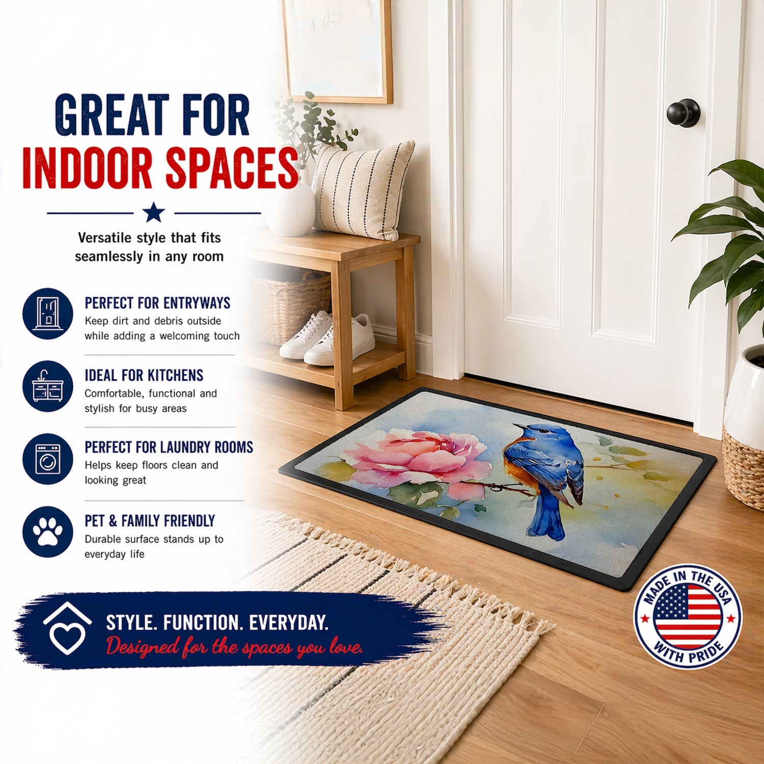 Bluebird with Flower Bloom Doormat Indoor Outdoor 24H X 36W Front Door Mat Rugs for Entryway, Non Slip Washable Low Pile,