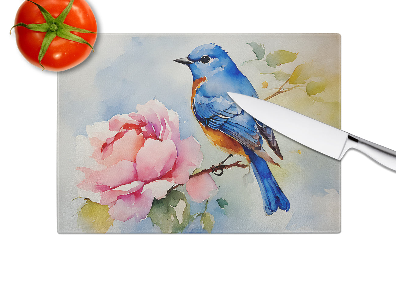 Bluebird with Flower Bloom Cutting Board Tempered Glass Kitchen Cutting Surface, Heat Resistant Chopping, Non-Slip Feet, Food Prep & Serving