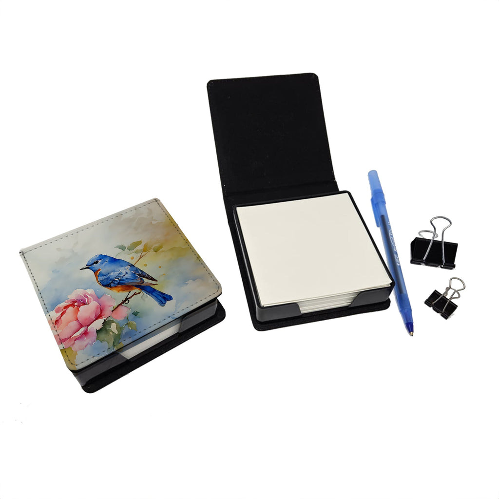 Bluebird with Flower Bloom PU Leather Note Paper Holder with Artist-Designed Cover, Desk Accessory, Office Gift