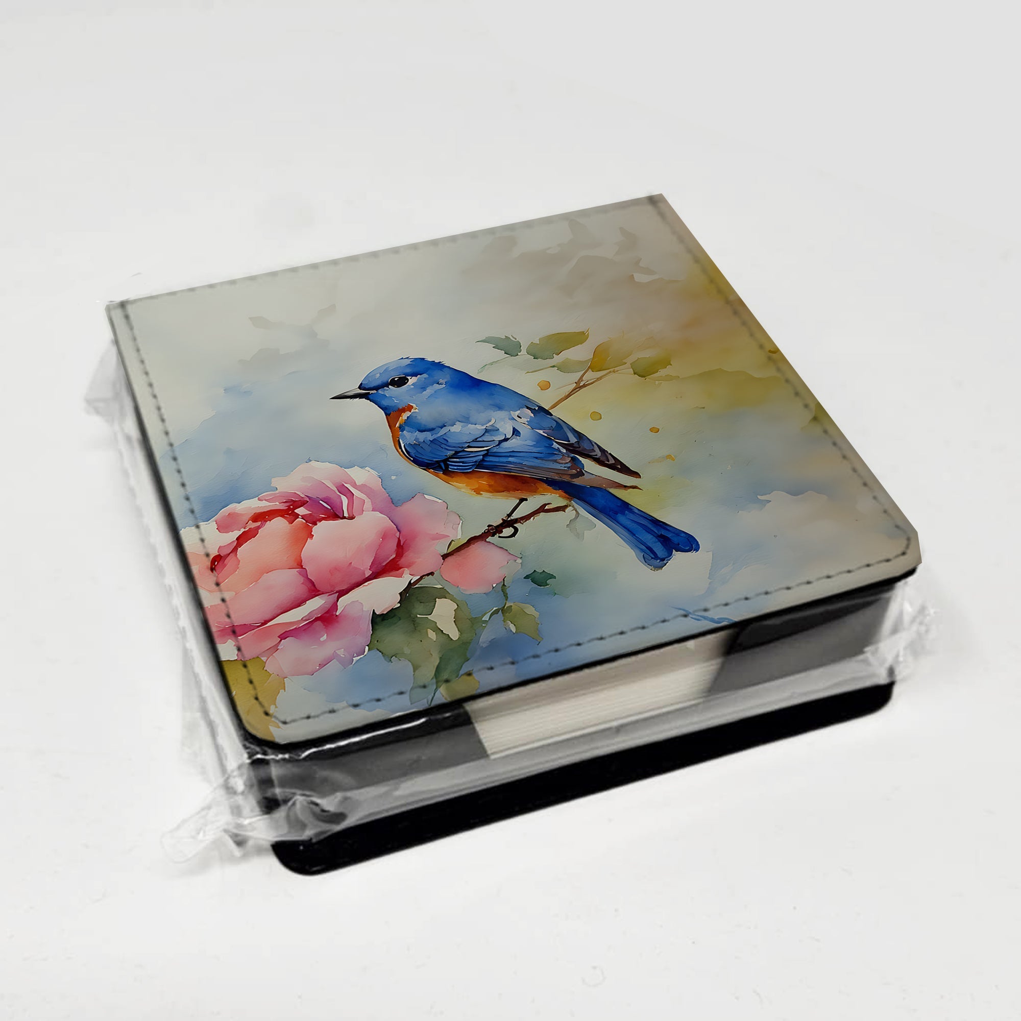 Bluebird with Flower Bloom PU Leather Note Paper Holder with Artist-Designed Cover, Desk Accessory, Office Gift