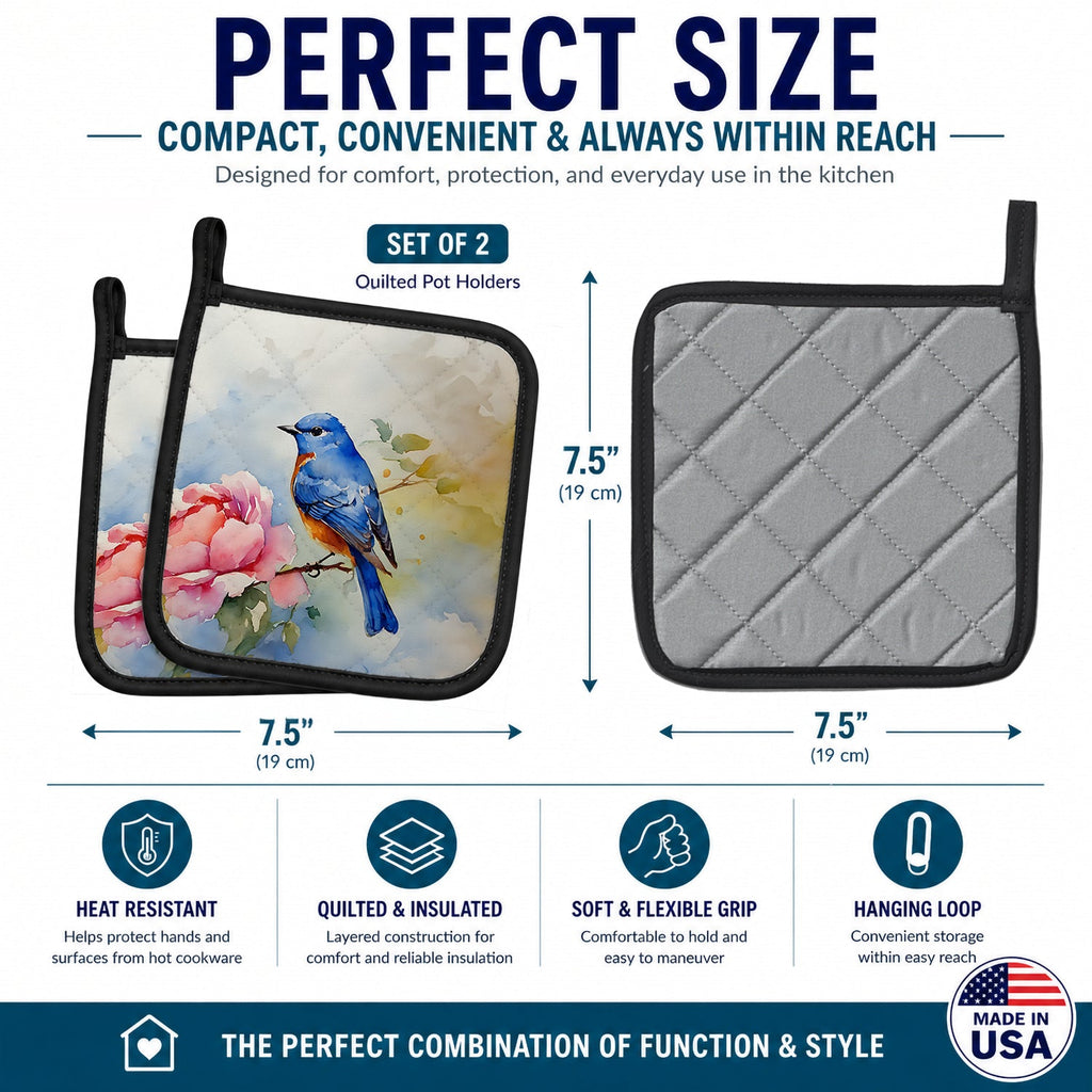 Bluebird with Flower Bloom Pot Holder Set of 2 Heat Resistant Quilted Hot Pads 7.5 x 7.5 Inch, Insulated Kitchen Trivets for Cooking & Baking