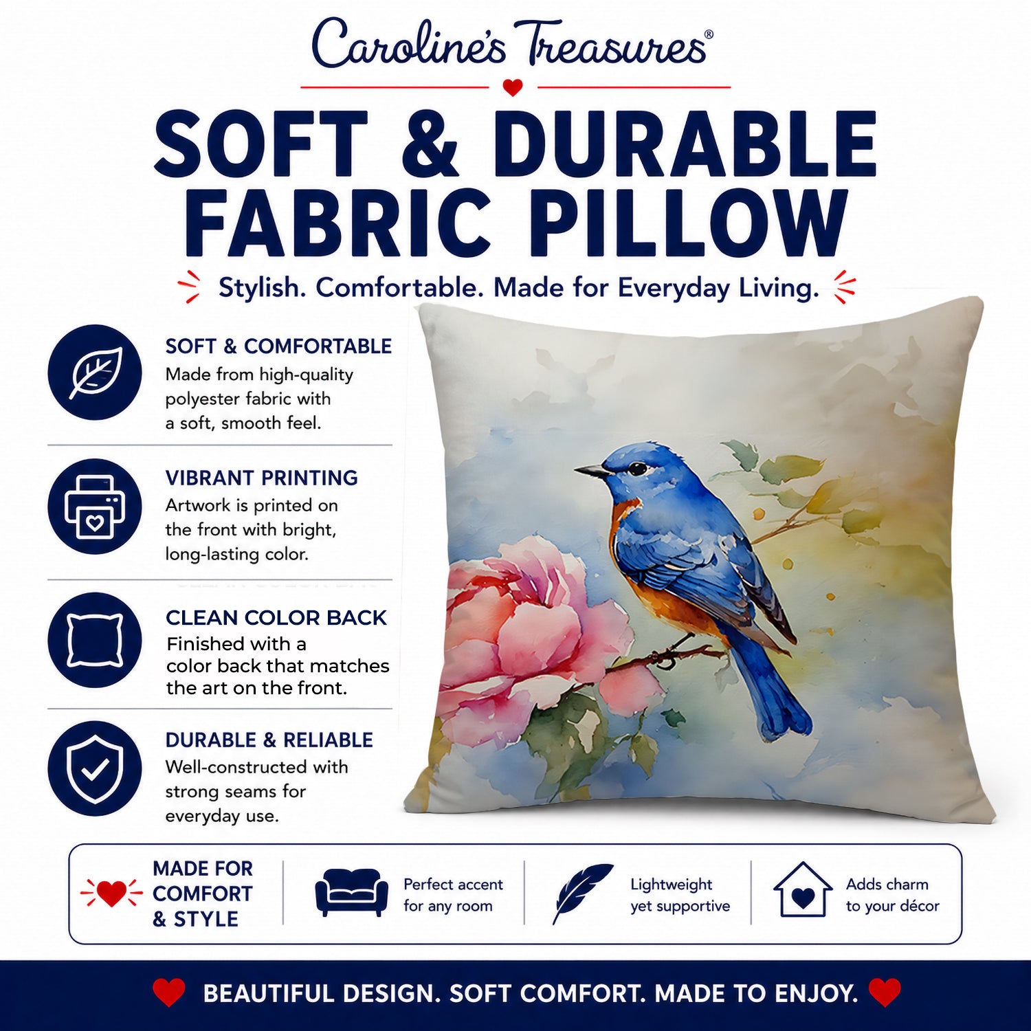 Bluebird with Flower Bloom Decorative Throw Pillow 14x14 Indoor Outdoor Accent Cushion, Fabric Cover with Insert for Sofa, Bed, Porch & Living Room
