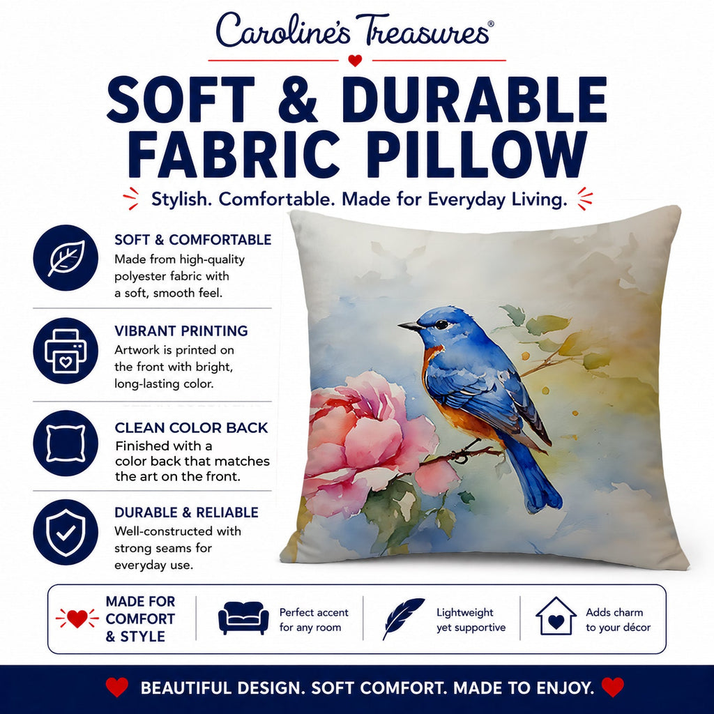 Bluebird with Flower Bloom Decorative Throw Pillow 18x18 Indoor Outdoor Accent Cushion, Fabric Cover with Insert for Sofa, Bed, Porch & Living Room