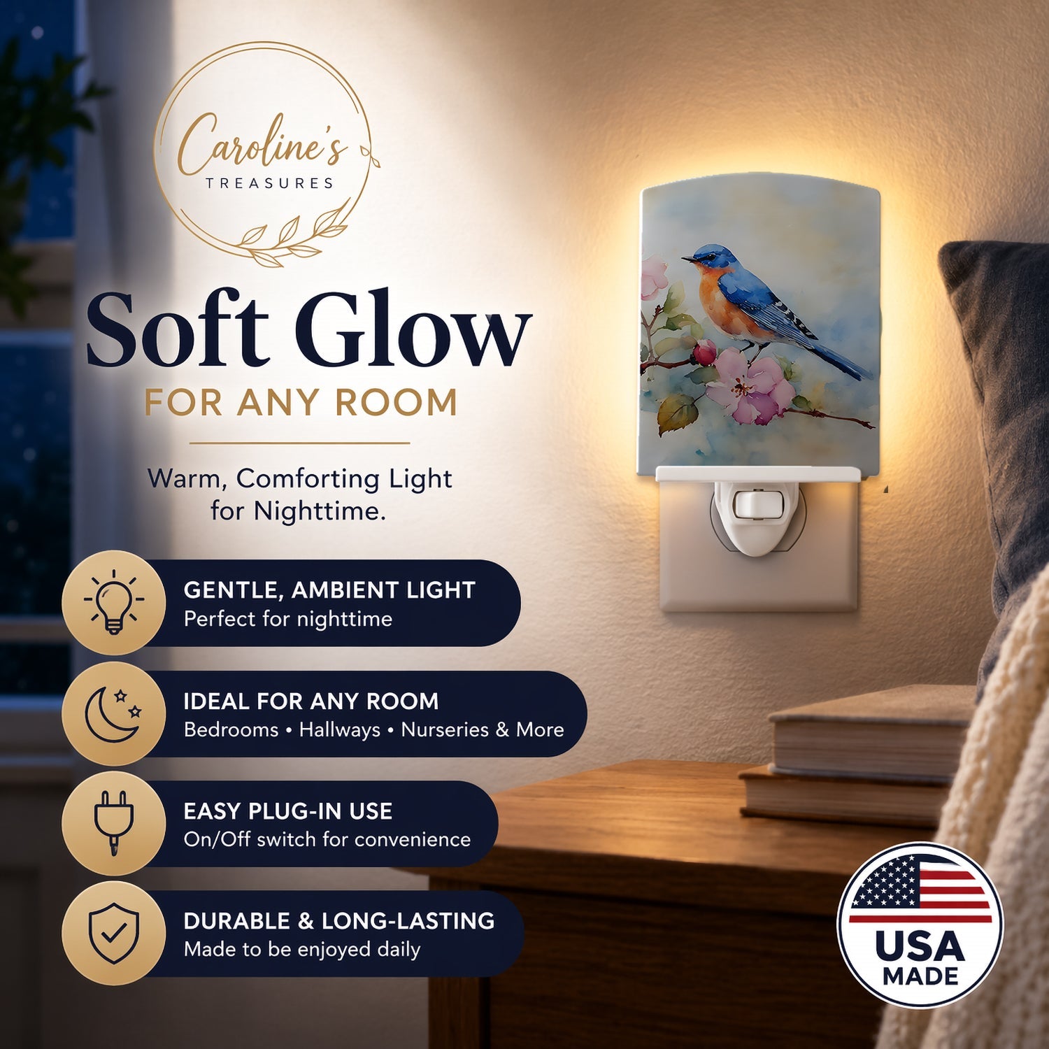 Bluebird on Blossom Branch Ceramic Night Light Compact, UL-Certified, Ideal for Bedroom, Bathroom, Nursery, Hallway, Kitchen, 6x4x3, Multicolor