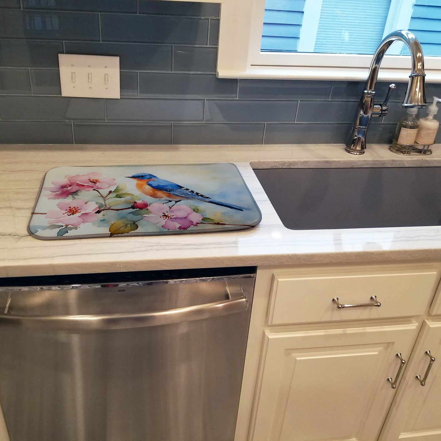 Bluebird on Blossom Branch Dish Drying Mat Absorbent Dish Drying Mat Pad for Kitchen Counter Dish Drainer Mat for Countertop, 14 x 21", Multicolor