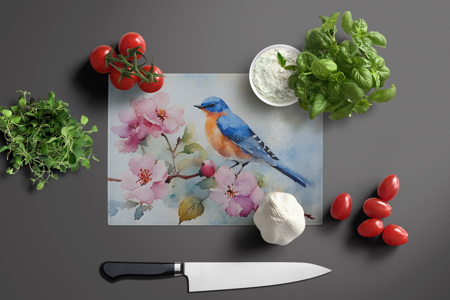 Bluebird on Blossom Branch Cutting Board Tempered Glass Kitchen Cutting Surface, Heat Resistant Chopping, Non-Slip Feet, Food Prep & Serving