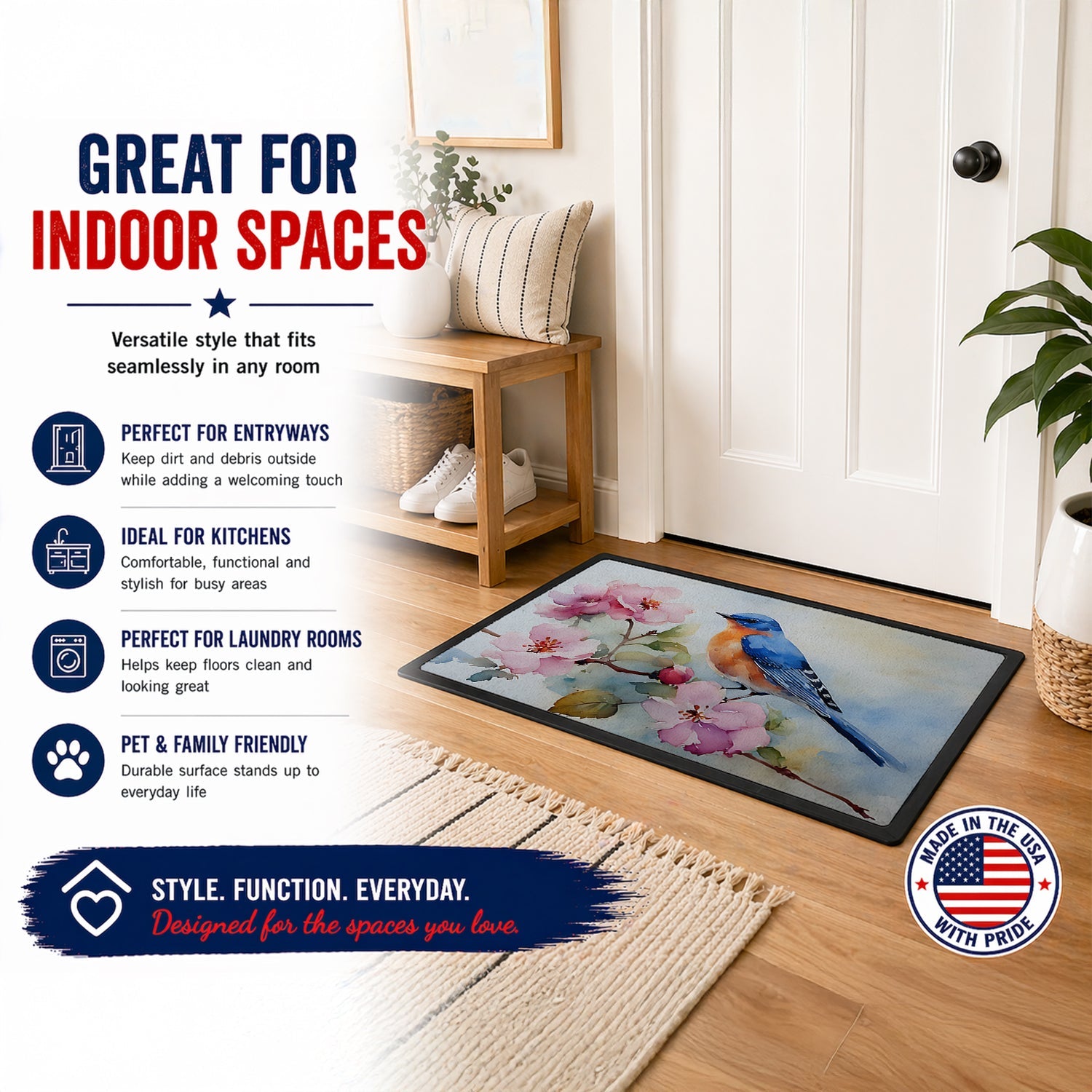 Bluebird on Blossom Branch Doormat Indoor Outdoor 18H X 27W Front Door Mat Rugs for Entryway, Non Slip Washable