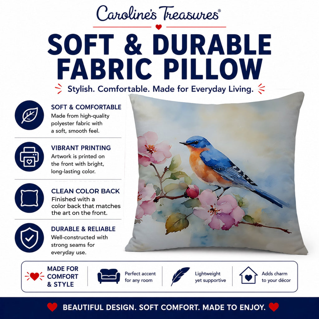 Bluebird on Blossom Branch Decorative Throw Pillow 14x14 Indoor Outdoor Accent Cushion, Fabric Cover with Insert for Sofa, Bed, Porch & Living Room
