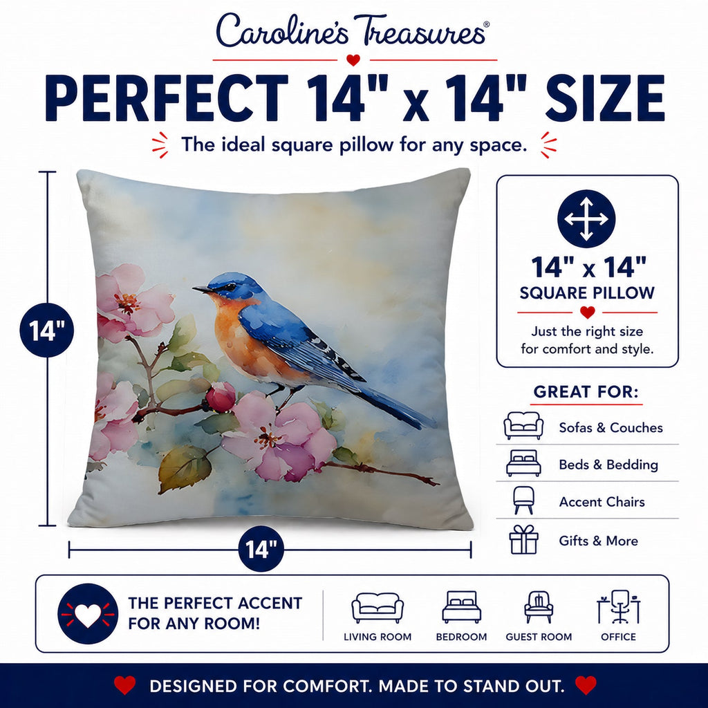 Bluebird on Blossom Branch Decorative Throw Pillow 14x14 Indoor Outdoor Accent Cushion, Fabric Cover with Insert for Sofa, Bed, Porch & Living Room