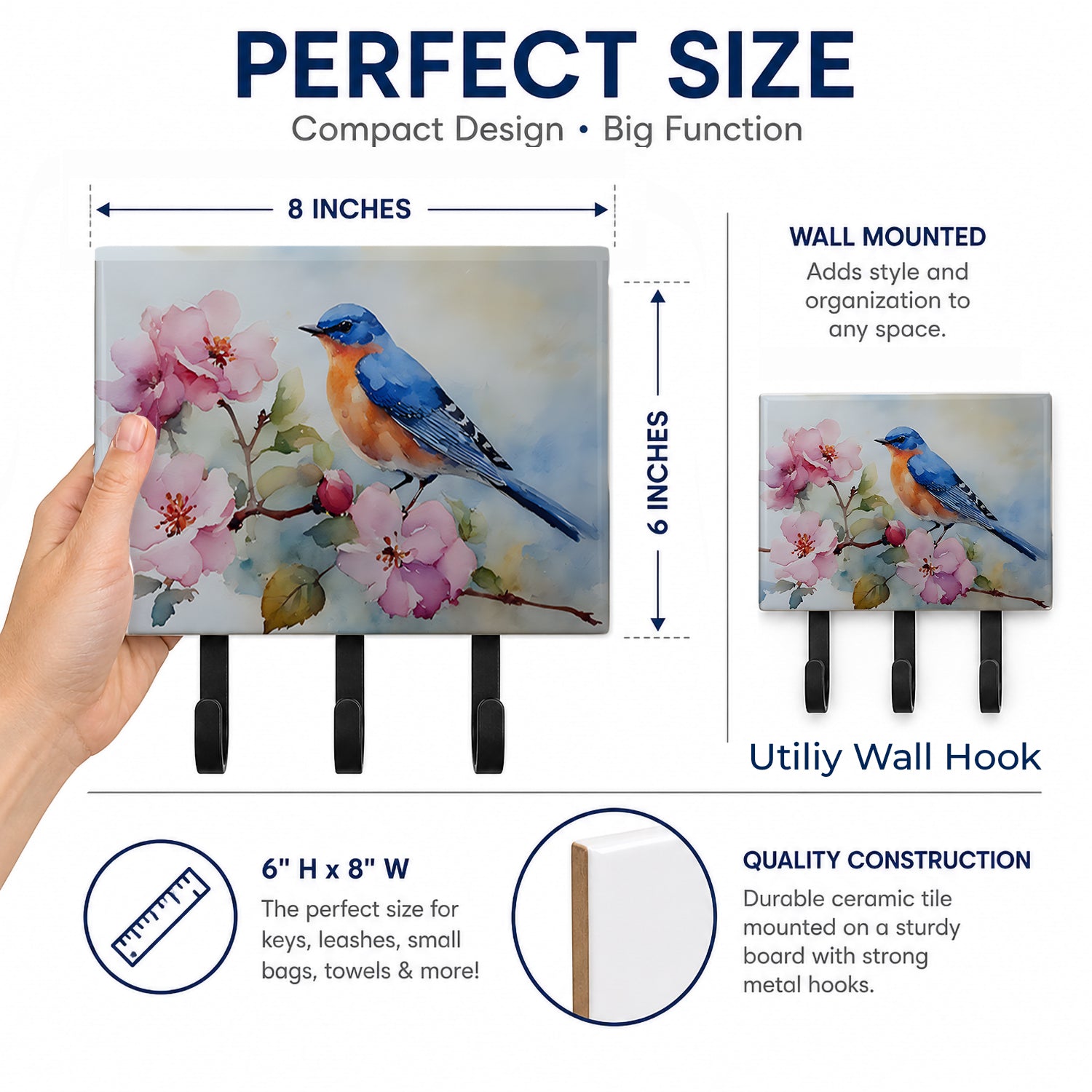 Bluebird on Blossom Branch Leash or Key Holder Wall Hooks, Coat Rack Wall Mount, for Hanging Keys, Towels, Aprons, Leashes