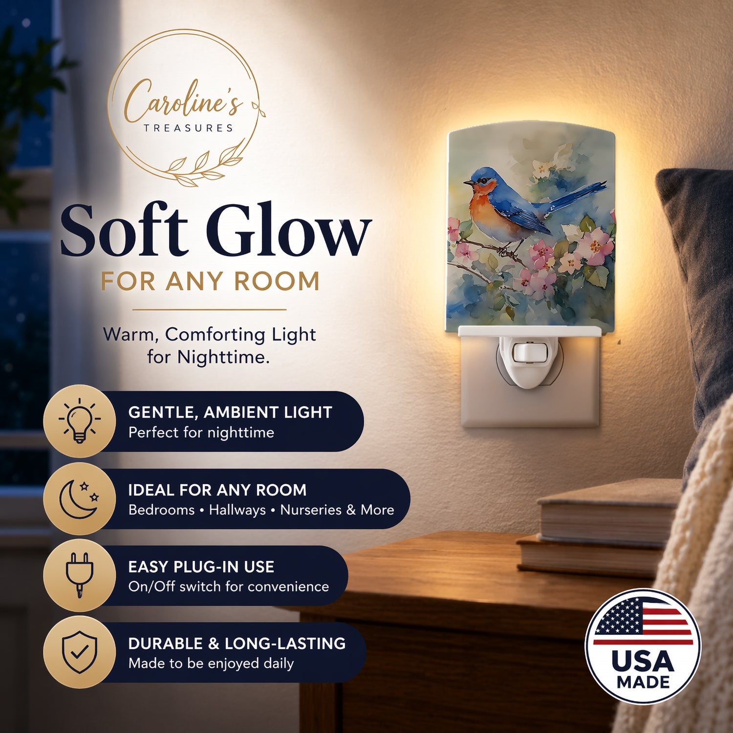 Eastern Bluebird on Blossom Branch Ceramic Night Light Compact, UL-Certified, Ideal for Bedroom, Bathroom, Nursery, Hallway, Kitchen, 6x4x3, Multicolor