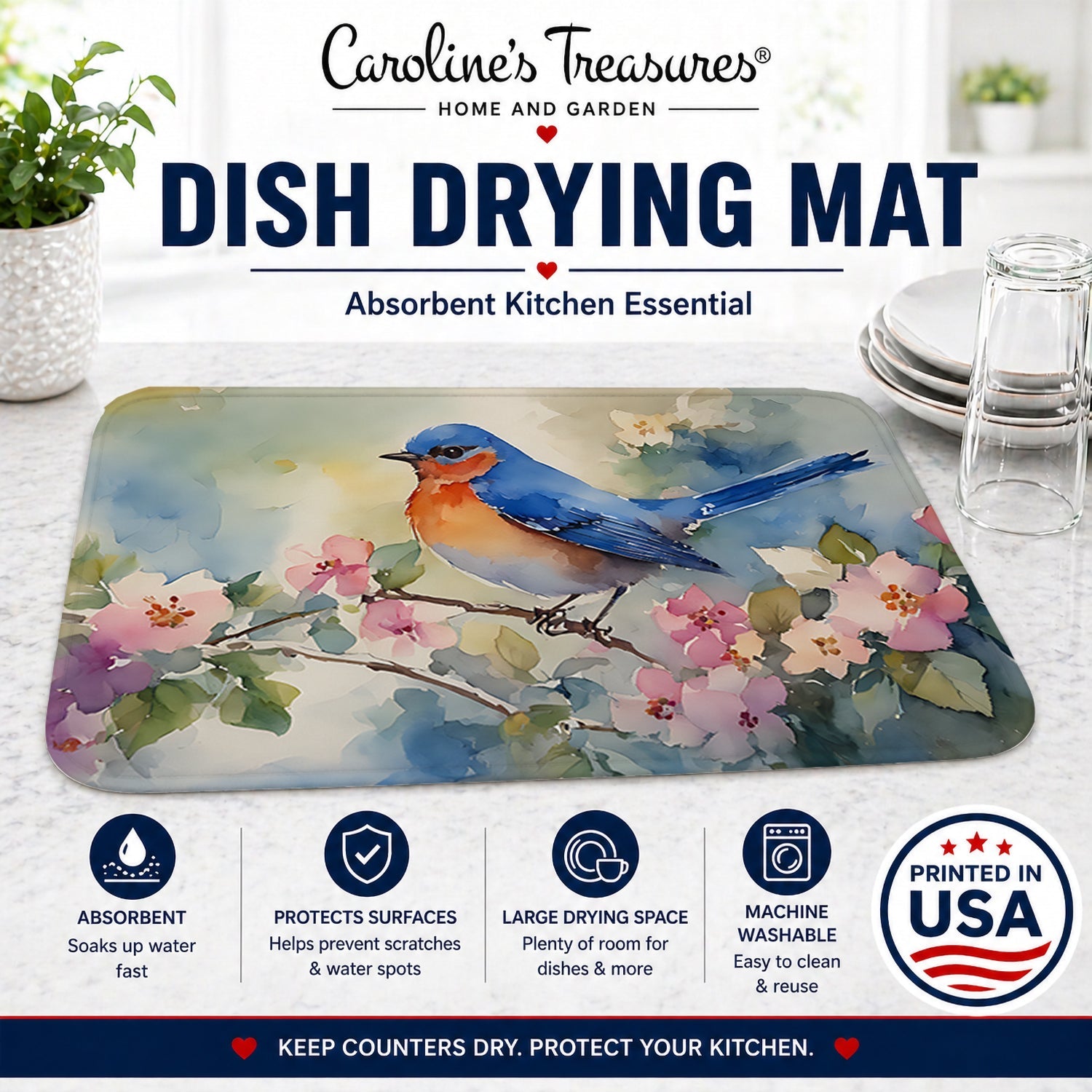 Eastern Bluebird on Blossom Branch Dish Drying Mat Absorbent Dish Drying Mat Pad for Kitchen Counter Dish Drainer Mat for Countertop, 14 x 21", Multicolor
