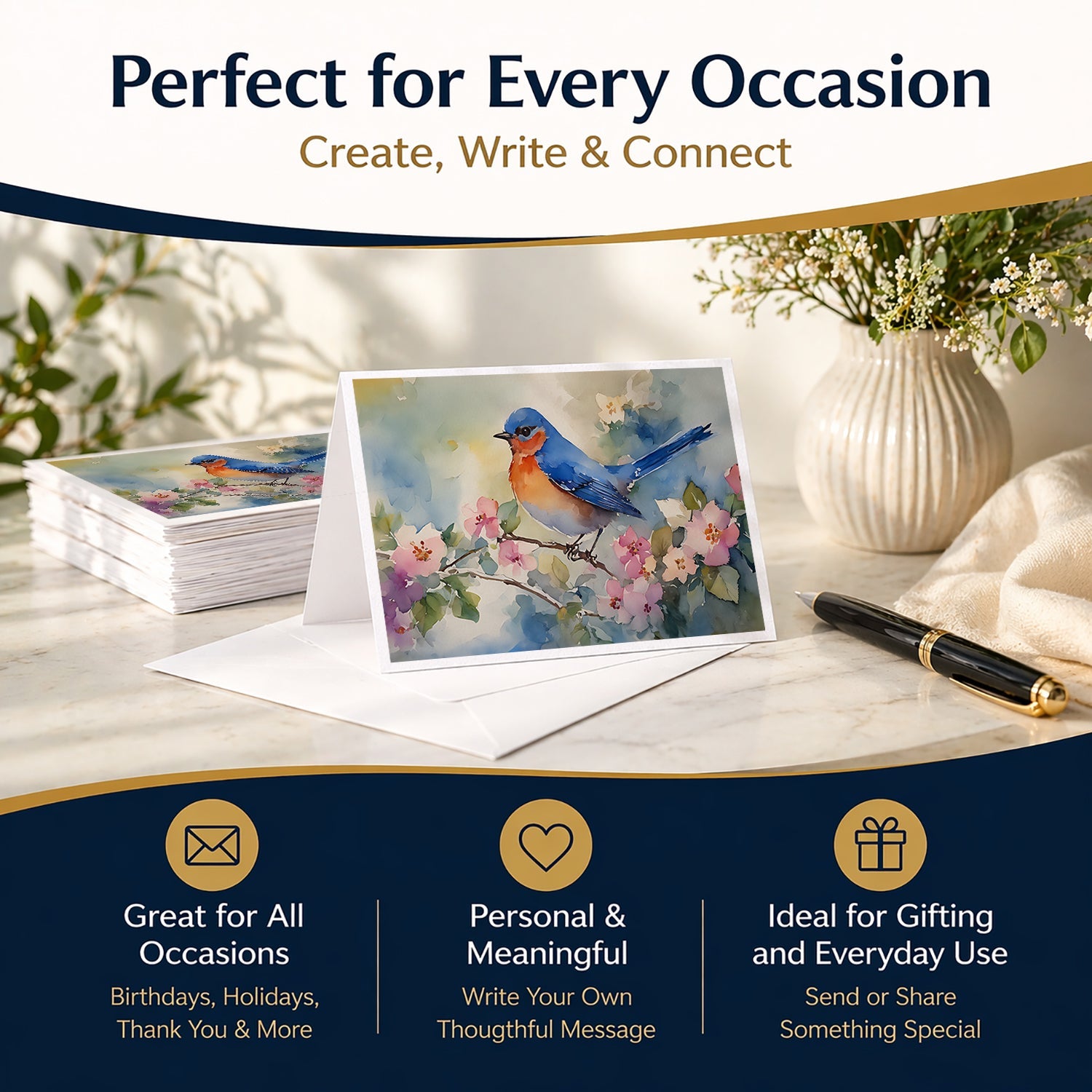 Eastern Bluebird on Blossom Branch Greeting Cards Pack of 8 Blank Cards with Envelopes Whimsical A7 Size 5x7