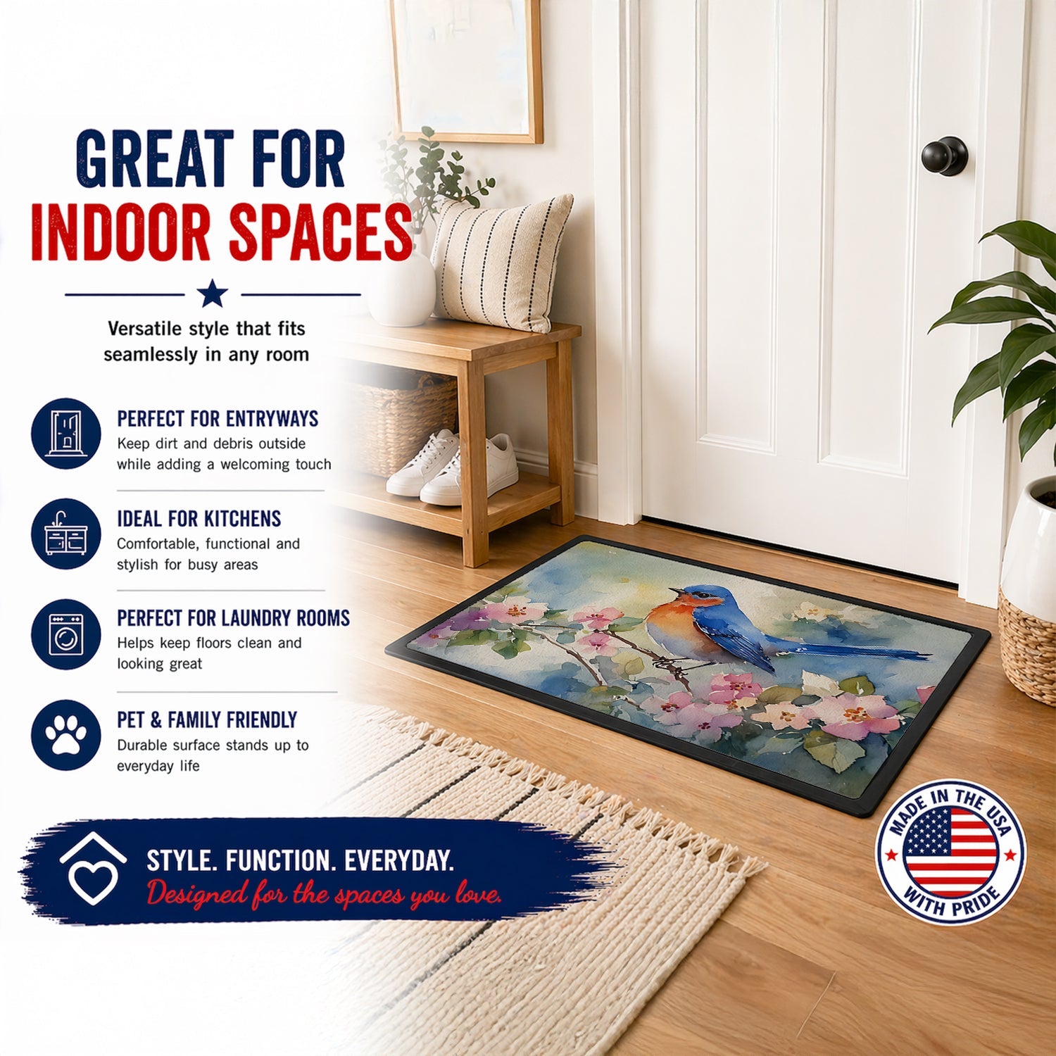 Eastern Bluebird on Blossom Branch Doormat Indoor Outdoor 24H X 36W Front Door Mat Rugs for Entryway, Non Slip Washable Low Pile,