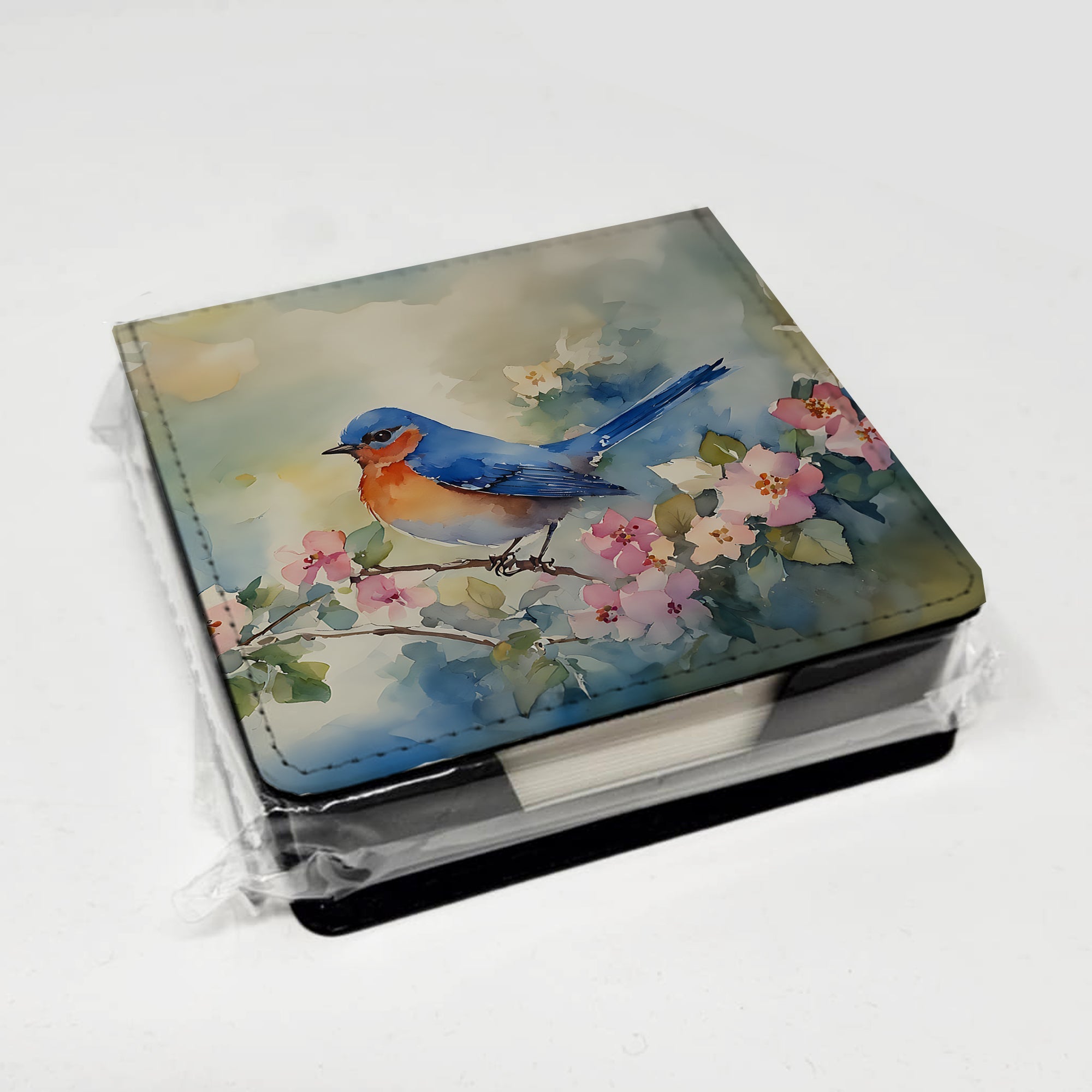 Eastern Bluebird on Blossom Branch PU Leather Note Paper Holder with Artist-Designed Cover, Desk Accessory, Office Gift