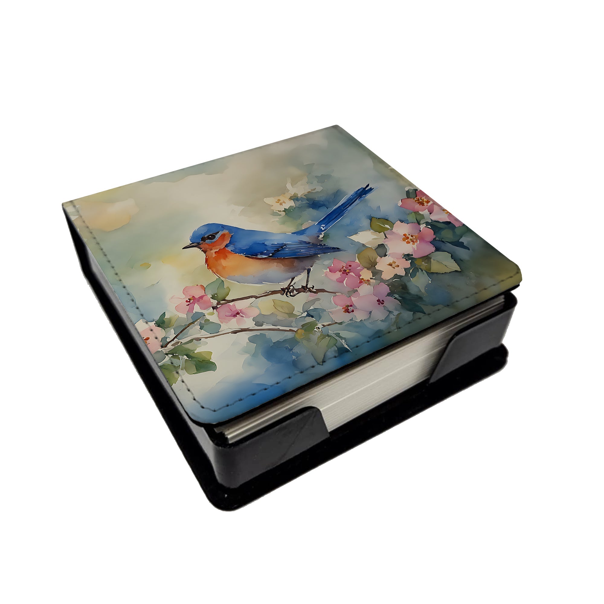 Eastern Bluebird on Blossom Branch PU Leather Note Paper Holder with Artist-Designed Cover, Desk Accessory, Office Gift
