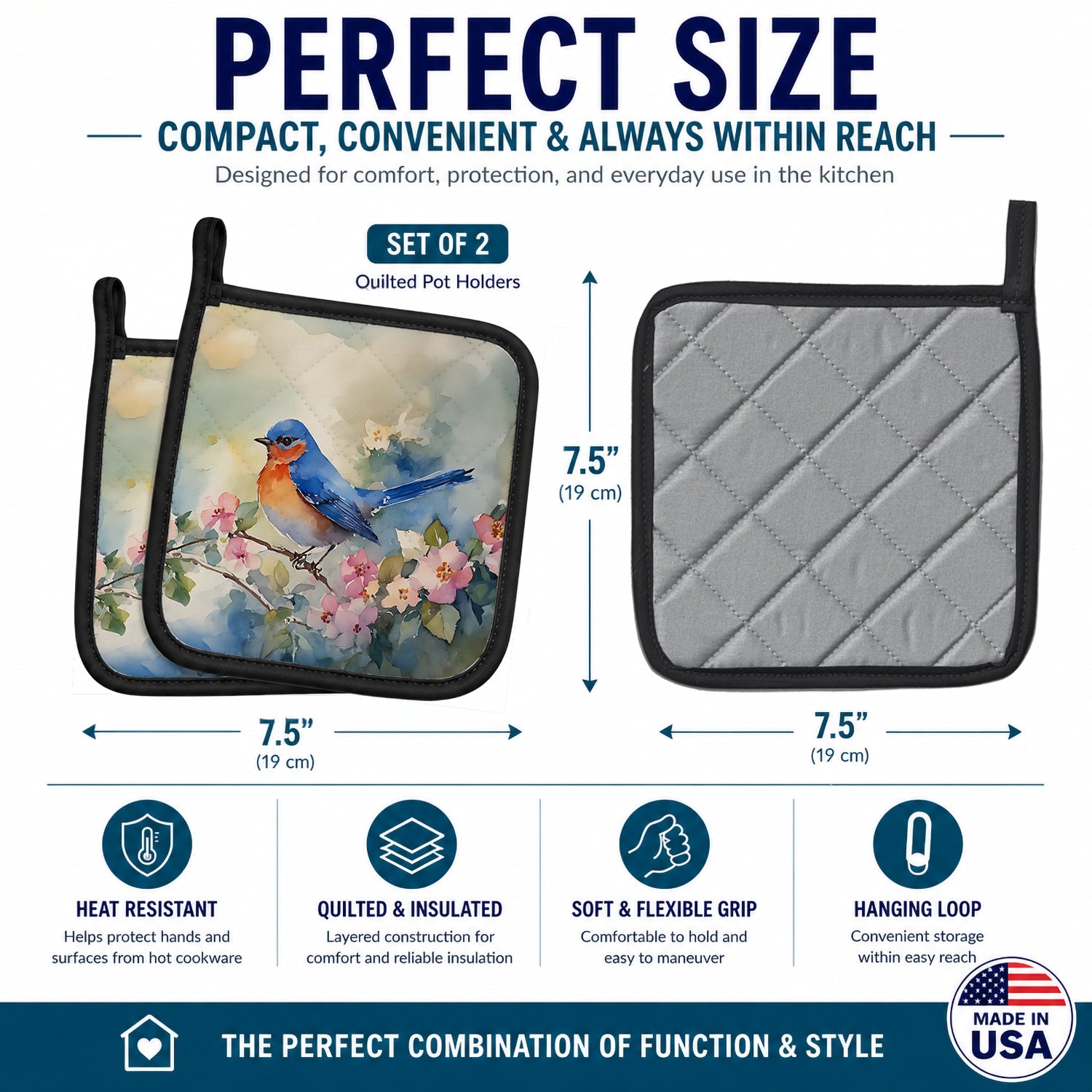 Eastern Bluebird on Blossom Branch Pot Holder Set of 2 Heat Resistant Quilted Hot Pads 7.5 x 7.5 Inch, Insulated Kitchen Trivets for Cooking & Baking
