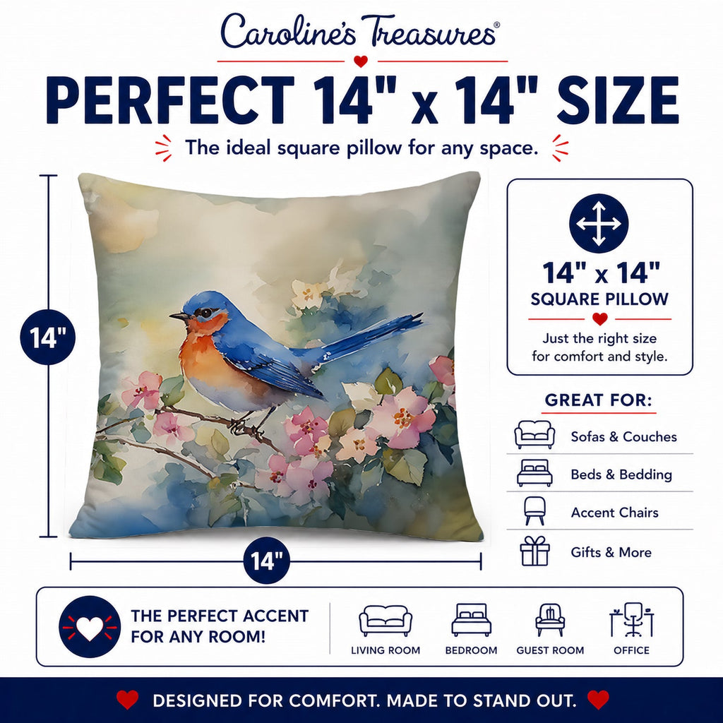 Eastern Bluebird on Blossom Branch Decorative Throw Pillow 14x14 Indoor Outdoor Accent Cushion, Fabric Cover with Insert for Sofa, Bed, Porch & Living Room