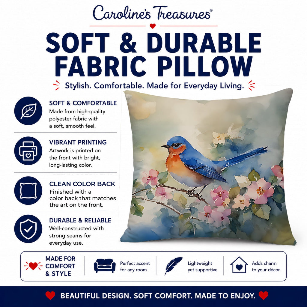 Eastern Bluebird on Blossom Branch Decorative Throw Pillow 18x18 Indoor Outdoor Accent Cushion, Fabric Cover with Insert for Sofa, Bed, Porch & Living Room