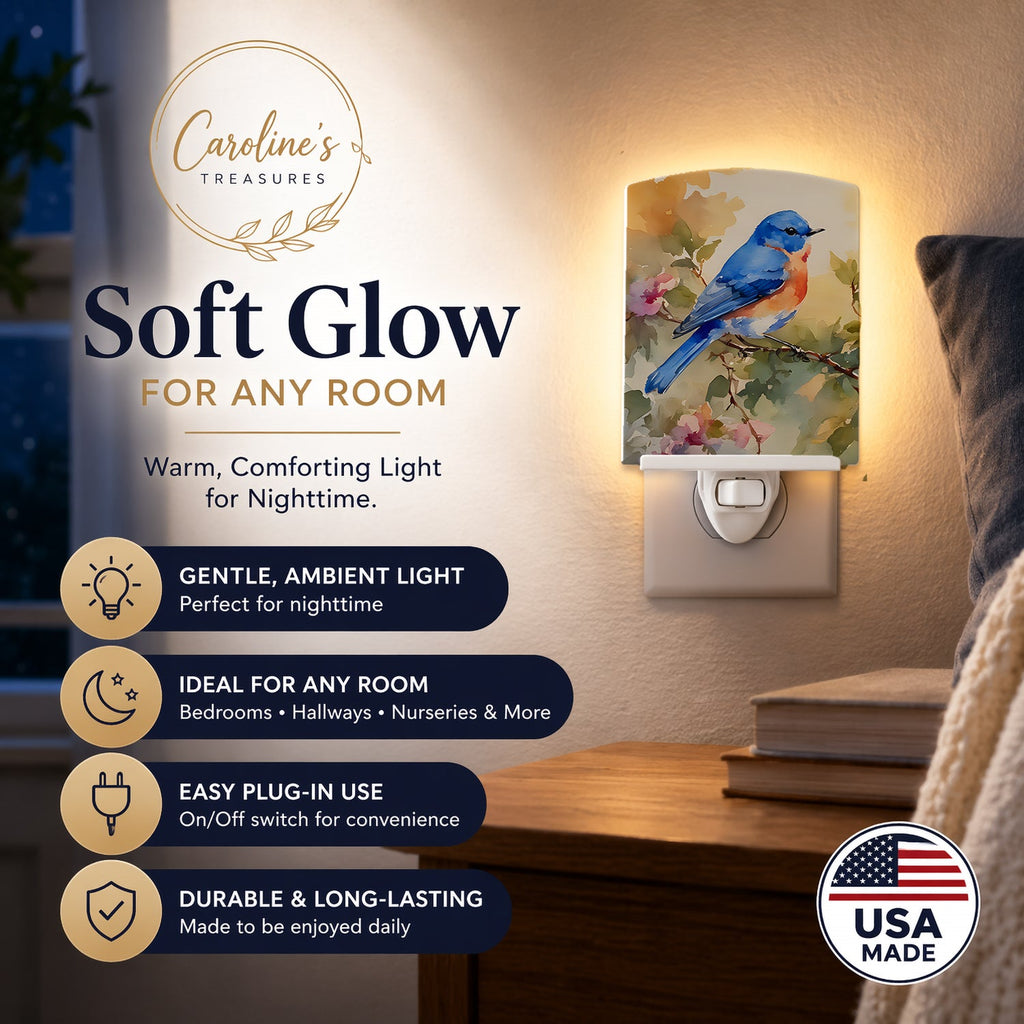 Eastern Bluebird with Blossoms Spring Ceramic Night Light Compact, UL-Certified, Ideal for Bedroom, Bathroom, Nursery, Hallway, Kitchen, 6x4x3, Multicolor