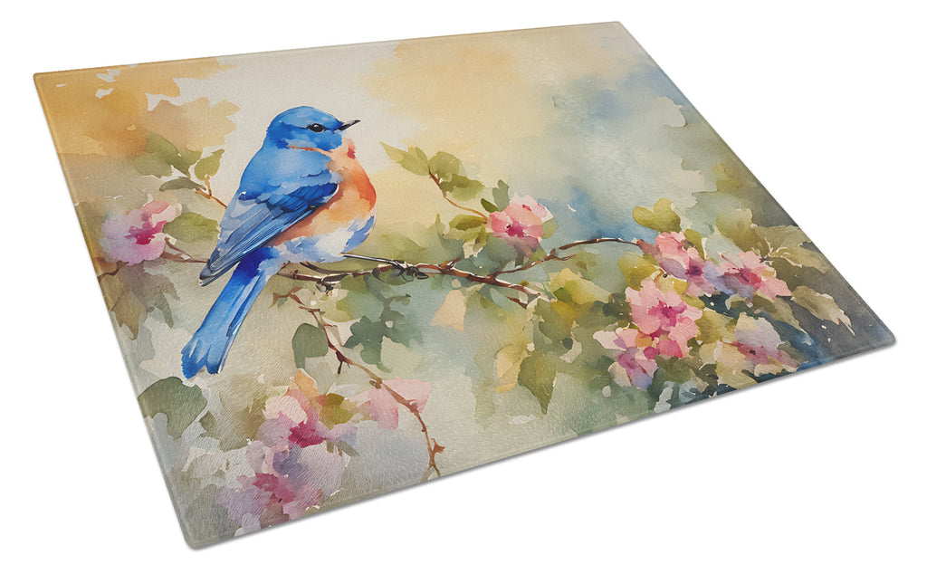 Eastern Bluebird with Blossoms Spring Cutting Board Tempered Glass Kitchen Cutting Surface, Heat Resistant Chopping, Non-Slip Feet, Food Prep & Serving